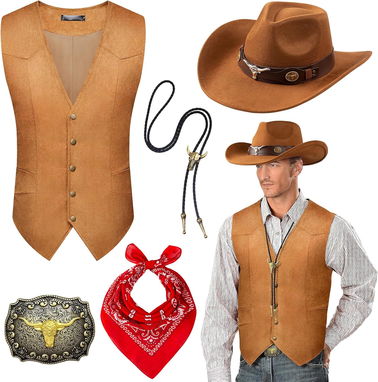 5 Pcs Cowboy Outfit for Men Cowboy Costume Western Vest Hat and Accessories for Halloween Wild West Party