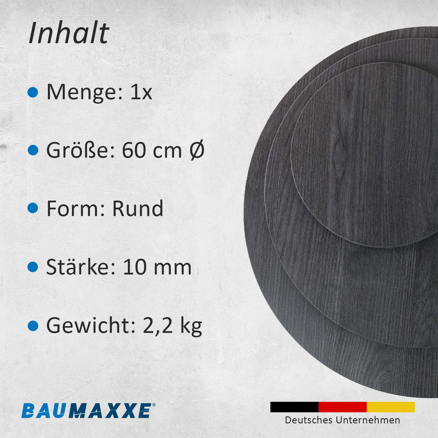 Tischplatte Rund 60 cm Holz I Stärke: 10 mm I schwarz Ash I MDF Platte Rund mit Melaminbeschichtung beidseitig I DIY-Projekte I bm335