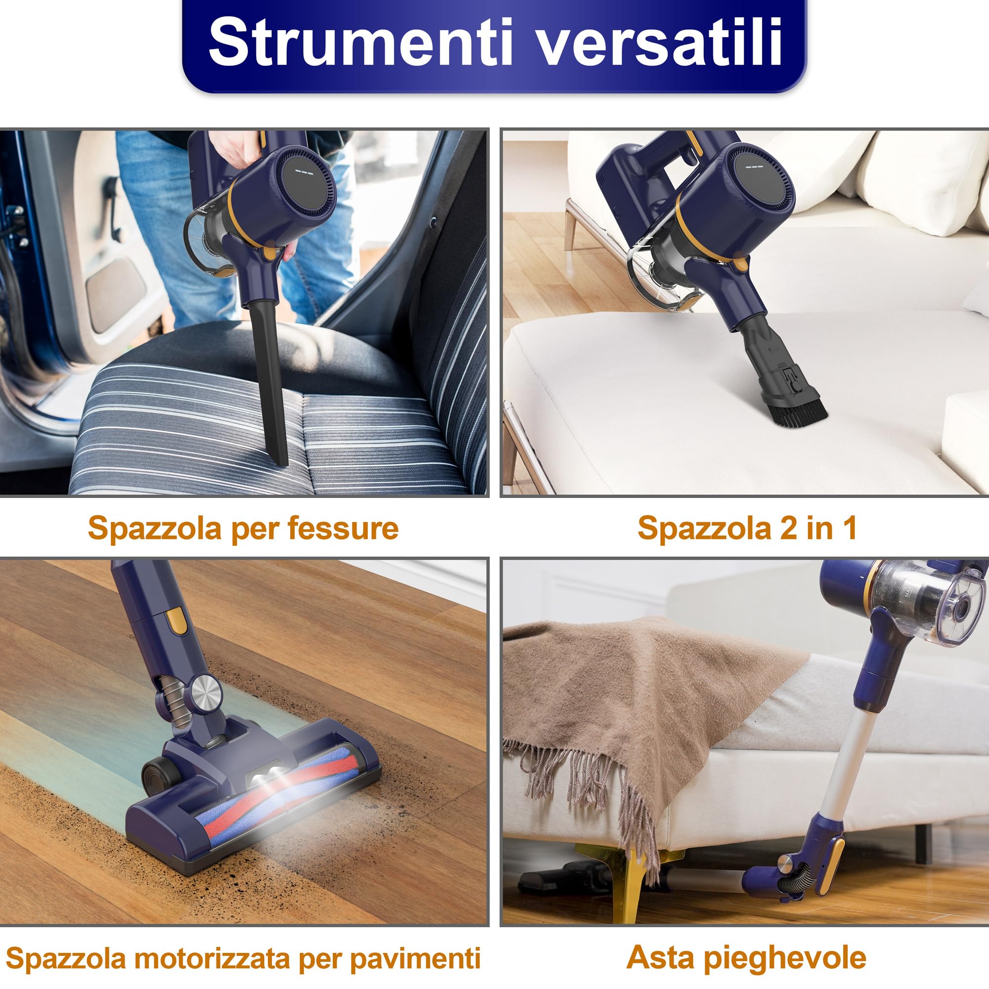 Aspirapolvere Senza Fili, Scopa elettrica Pieghevole, Senza Sacco, 20kPa, Luce LED, Due filtri a spugne, Autonomia 40 Min, Pavimenti Tappeto Peli di Animali Domestici