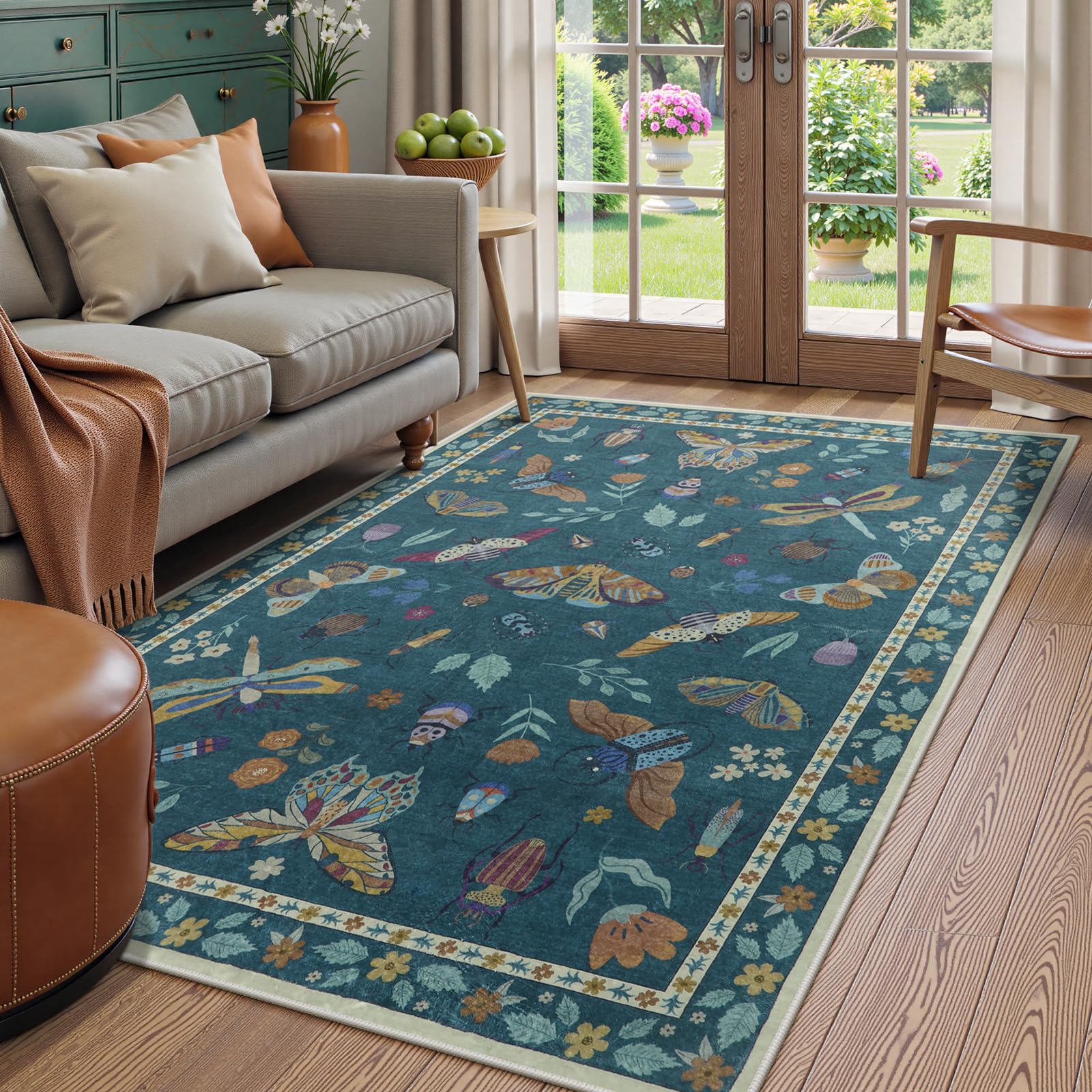 beeiva insect print 5x7 rug for bedroom - soft washable non slip butterfly playroom rugs for living room, stain resistant throw carpet for office nursery dining room aesthetic decor(5'x7',dark green)