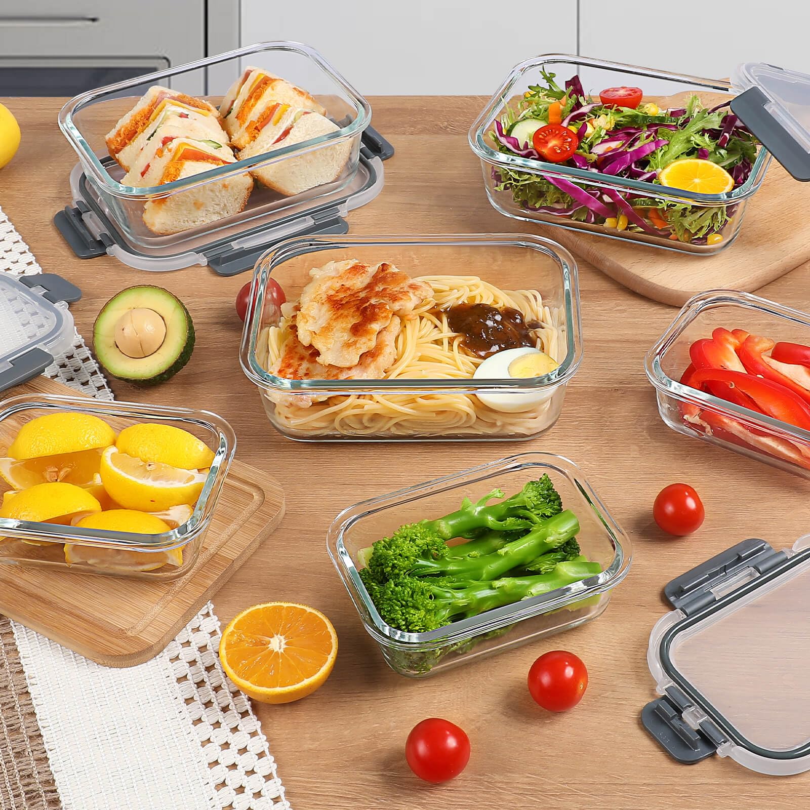 YASHE Boite Alimentaire Verre avec Couvercle Hermétique - Lot de 10 Lunch Box Verre Réutilisables, Sans BPA, Compatibles Micro-ondes, Four, Lave-vaisselle, Congélateur