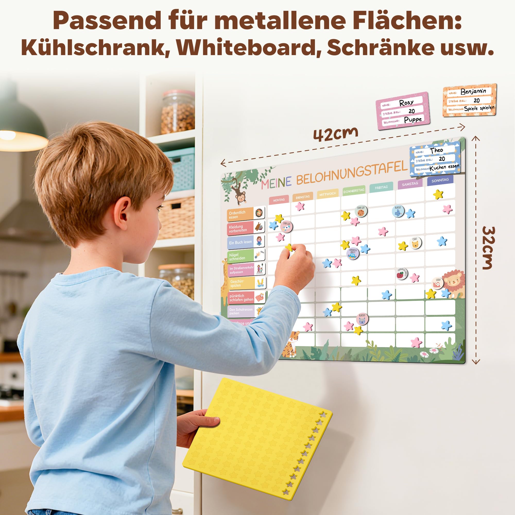 BIROYAL Belohnungstafel Kinder - [100 Aufgaben + 350 Magnete] - Belohnungssystem Kinder - Belohnungstafel Kind s ab 4 - Montessori Magnettafel - Wochenplaner, Adhs Hilfsmittel - inkl. Tasche, Stift