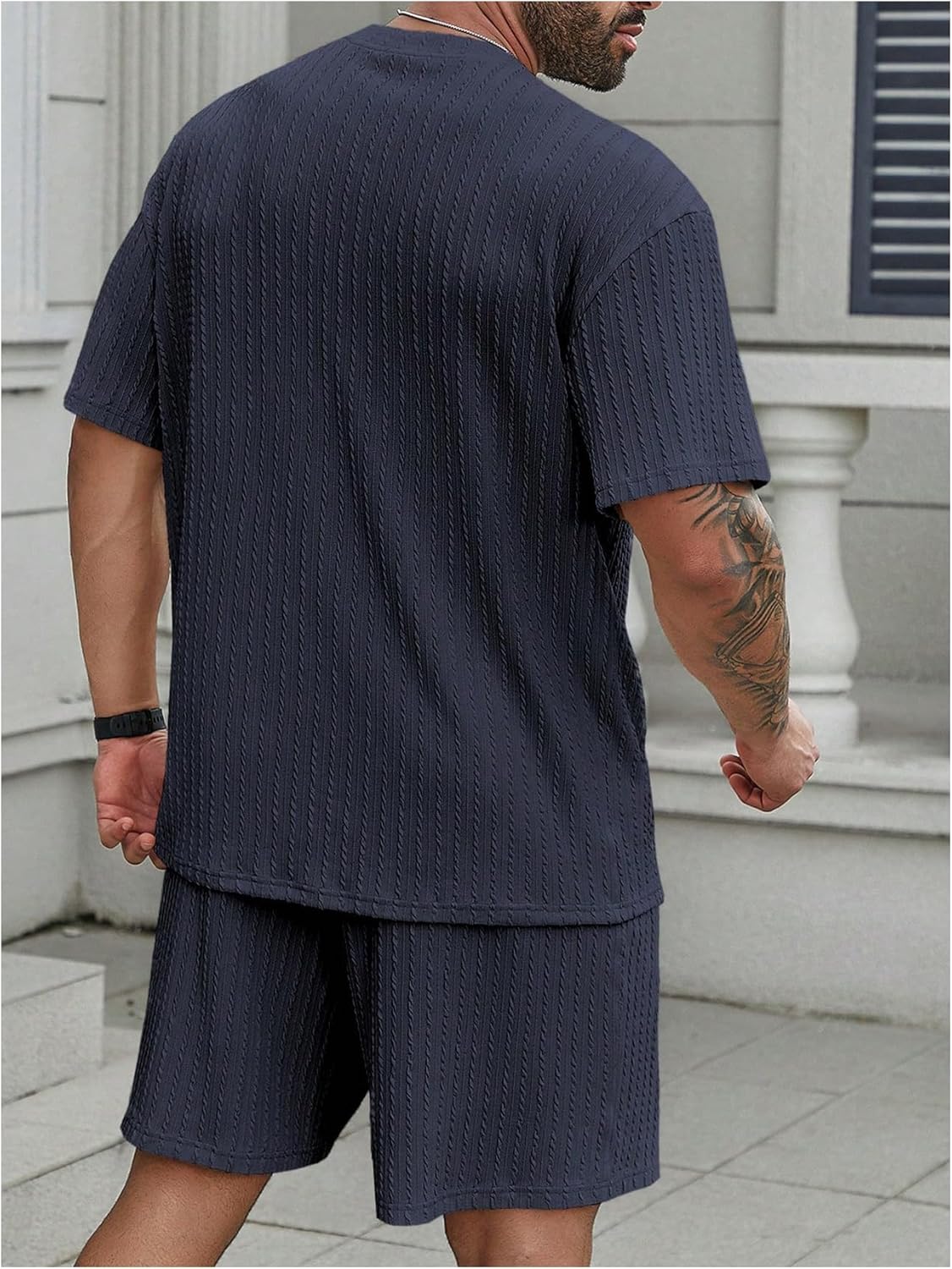 Men's 2 Piece Outfits Textured Drop Shoulder T Shirt and Short Sets Summer Outfits Tracksuit - Image 2