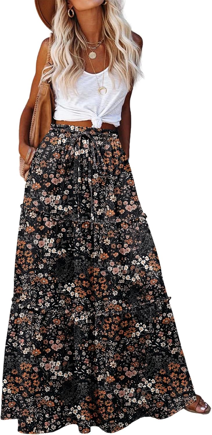 Zeagoo Womens Casual Maxi Skirts for Women 2026 High Waist Boho Skirts Floral Printed Long Flowy Skirt with Pockets
