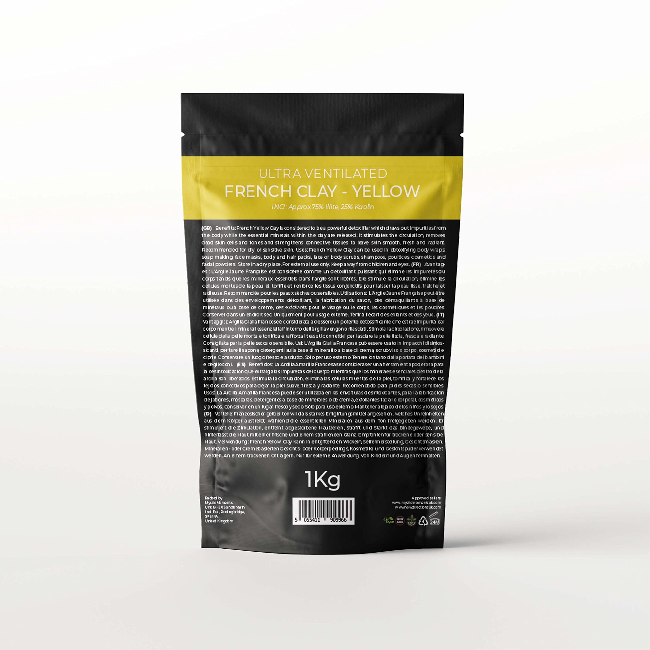 Mystic Moments | Argile jaune française ultra ventilée | 5Kg | Argile jaune française riche en fer pour masques visage, enveloppements, gommages et soins minéraux.