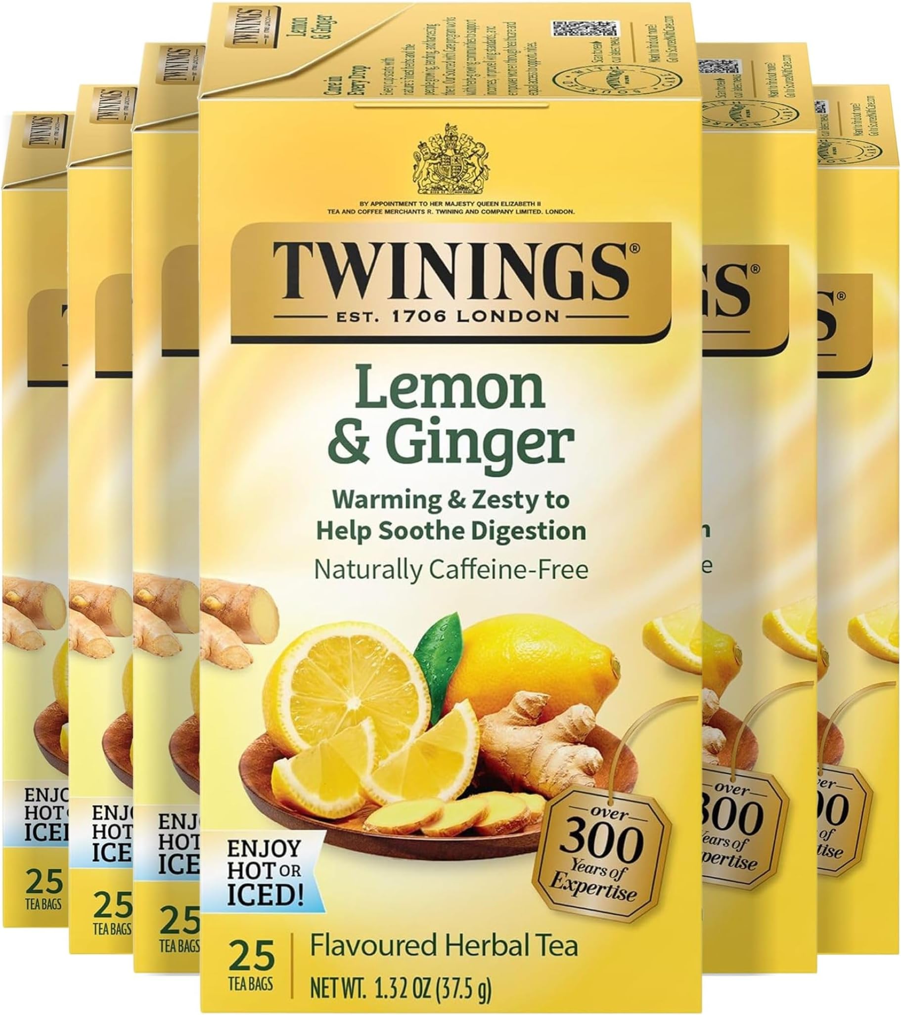 Twinings Lemon & Ginger Herbal Tea Individually Wrapped Bags, 25 Count (Pack of 6), Spicy Ginger, Lemon Peel, & Lemongrass, Naturally Caffeine-Free, Enjoy Hot or Iced, 150 Teabags