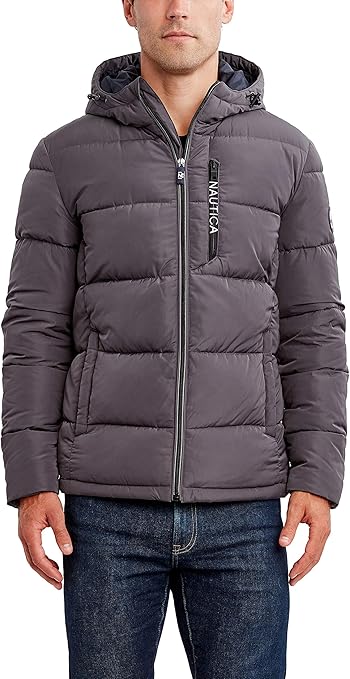 Nautica Men's Midweight Quilted Faux Memory Puffer Jacket –Adjustable Hood Insulated Winter Coat