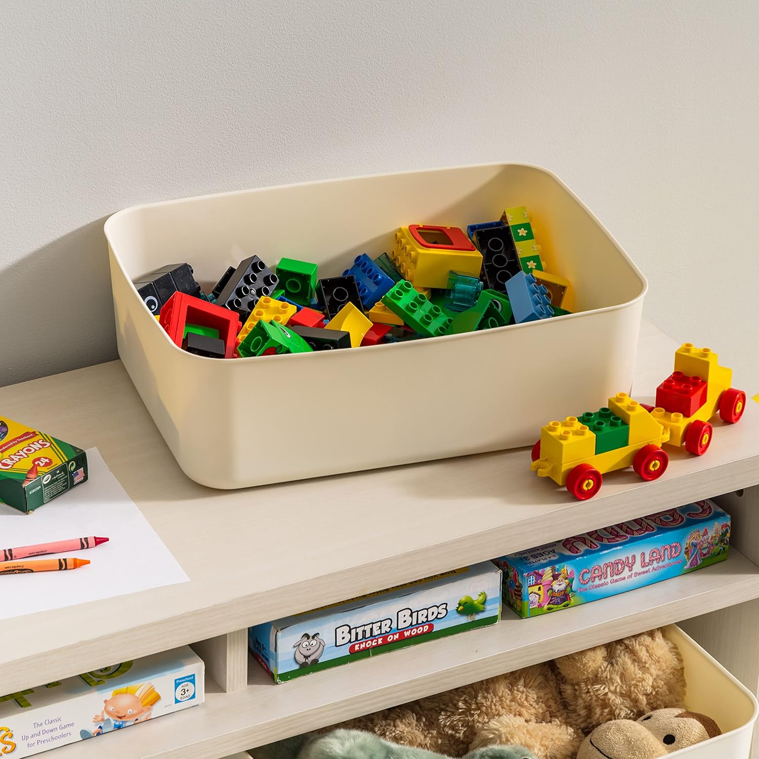 Medium Off-White Plastic Stackable Storage Bins with Lids