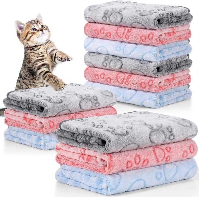 Tegeme 12 Pcs Puppy Blanket for Cat, 23 x 16 Inch, Dark Gray, Multicolor | Warm Soft Fluffy Fleece, Colorful Paw Print, Blanket for Dog Puppy Kitten Cat, Flannel Throw for Bulk Litter Gift Set