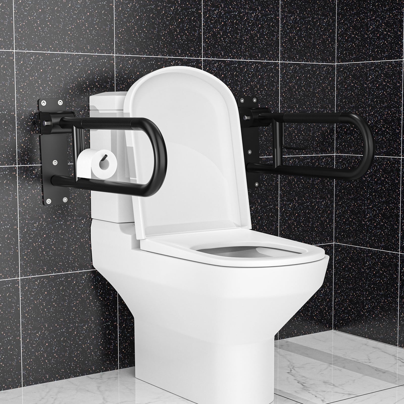 Munzong - Barra de agarre para inodoro de 24 pulgadas, color negro, barras de agarre antideslizantes para discapacitados con soporte de papel, rieles de seguridad de baño abatibles, pasamanos de