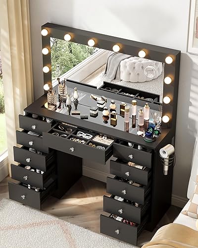 Miniatura 10 de Tocador de Maquillaje Blanco, Tocador de 11 Cajones con Espejo con Luces, Escritorio de Tocador con 3 Modos de Iluminación de Brillo Ajustable,