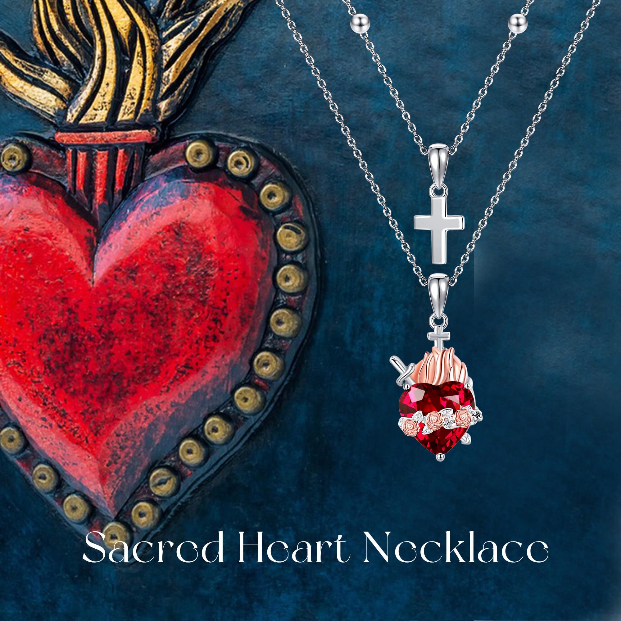 Collar de corazón sagrado de plata de ley con colgante de corazón sagrado de Jesús para mujer