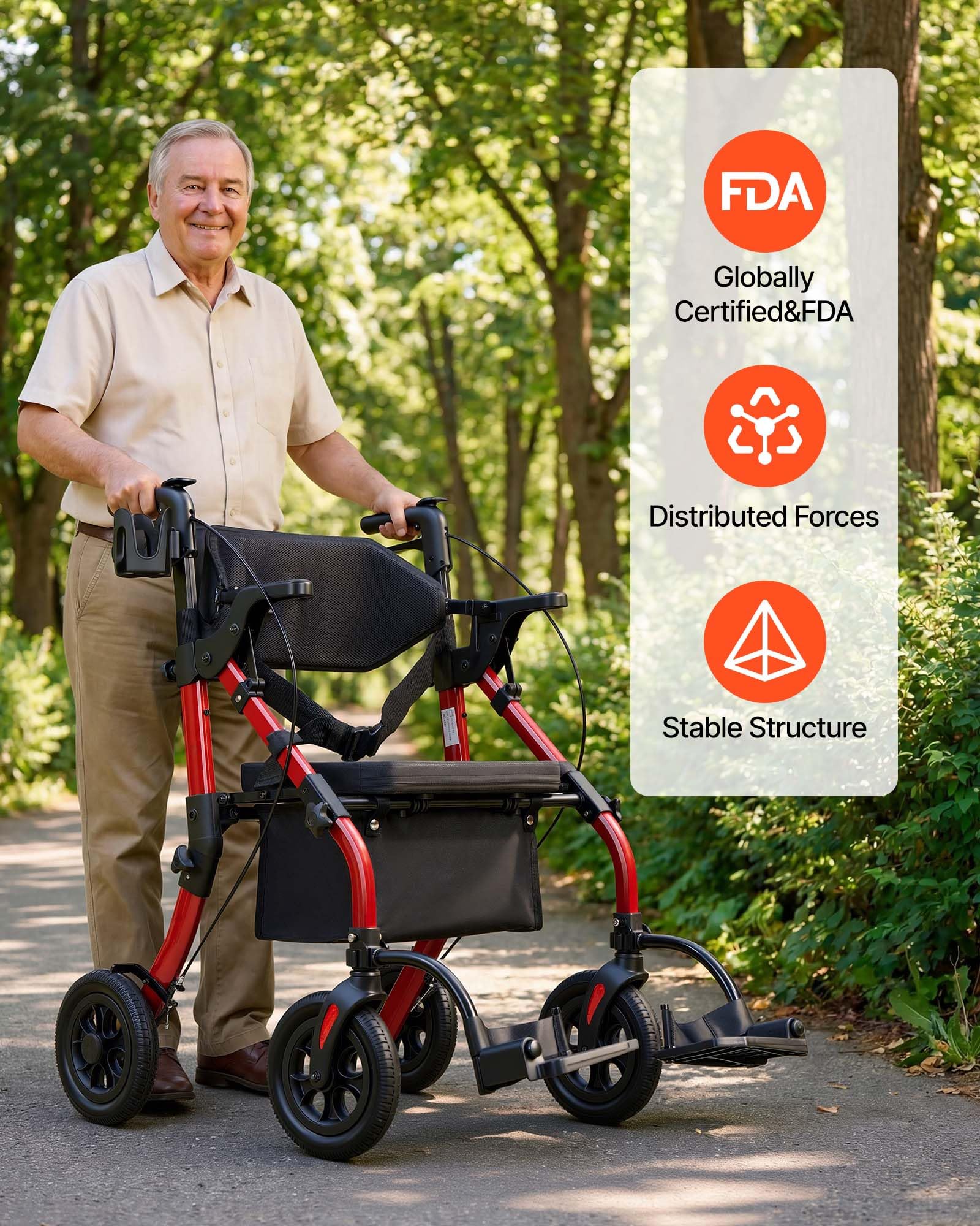VEVOR Andador para Ancianos 2 en 1 con Asiento Soporta 136 kg, Ruedas de 25,4 cm, Silla de Transporte Plegable de Aleación de Aluminio, Reposabrazos Ajustable para Compras Exterior Personas Mayores
