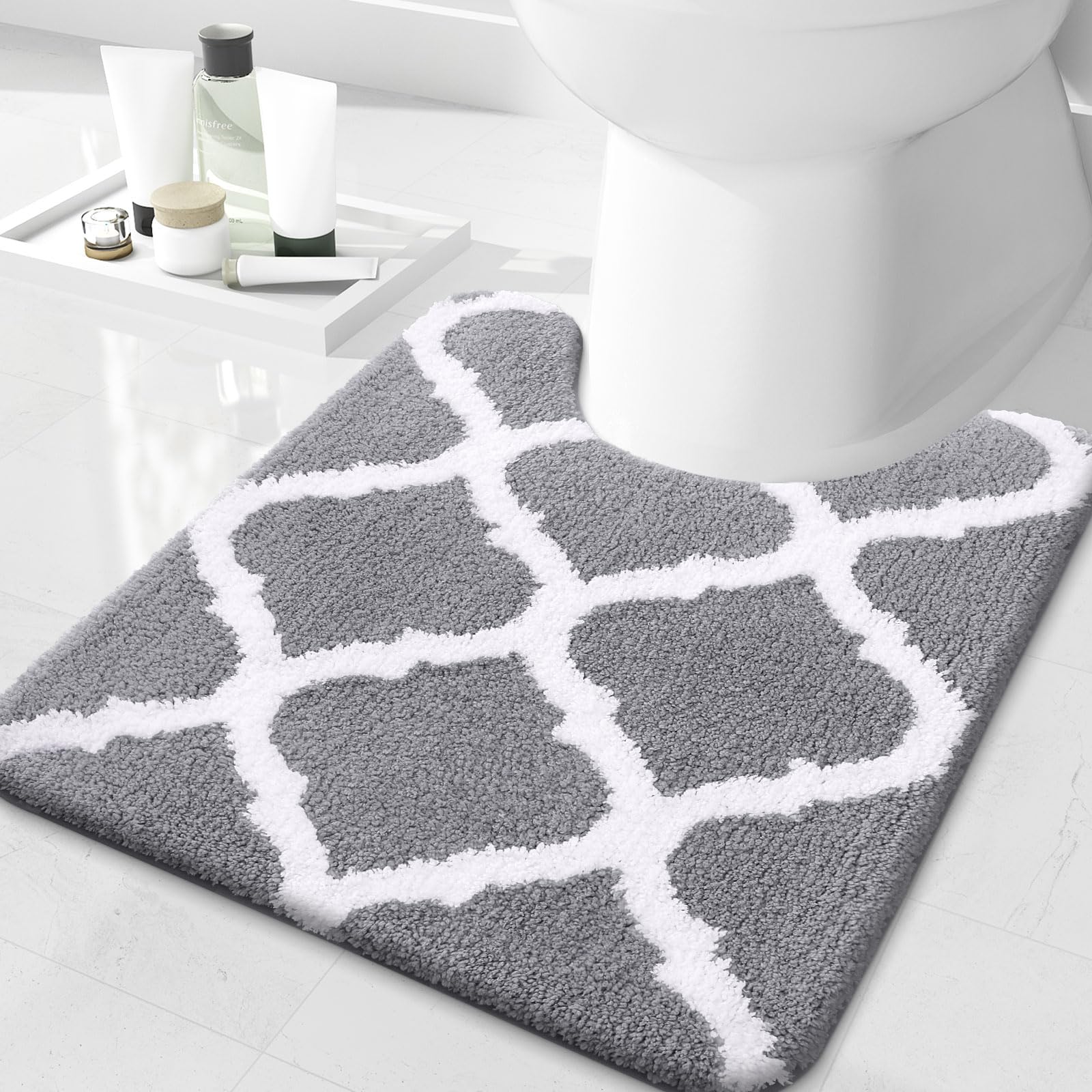 OLANLY U-Shaped Bathroom Rug 24x20, Soft Absorbent Microfiber, Non-Slip Plush Shaggy Mat, Machine Washable Contour Bath Rugs for Toilet Base, Grey