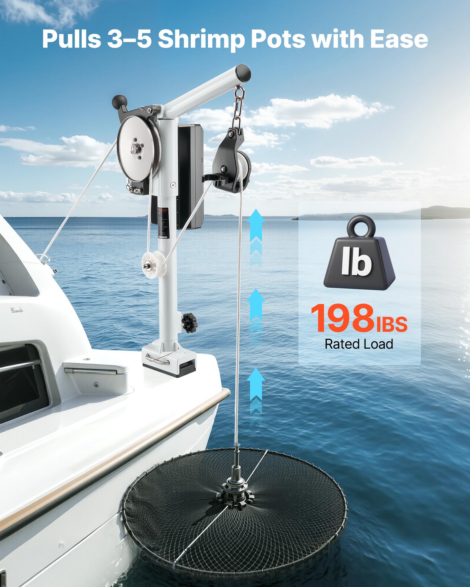VEVOR Treuil de Pêche Bateau Électrique, 12 V CC 1200 W, Capacité de Levage 90 kg, Vitesse de Ligne 35 m/min, Rotation 360°, Résistant à la Corrosion, pour Levage de Piège à Crabes, Crevettes, Homards