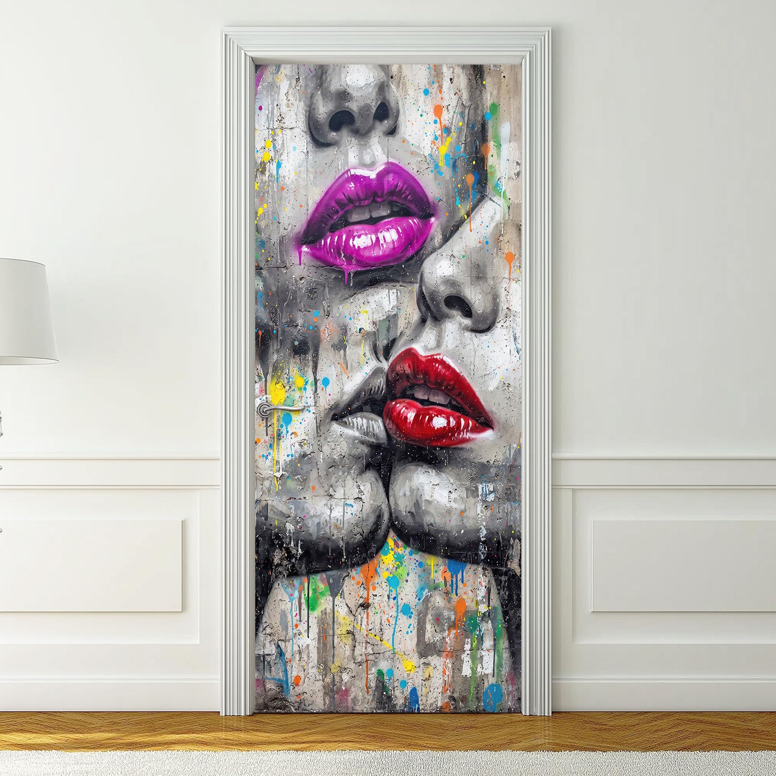Papel pintado autoadhesivo para puerta de graffiti, 90 x 200 cm, 3D para salón, baño, gris, resistente al agua, póster para puerta, película americana, calle americana, labios brillantes, pintura en