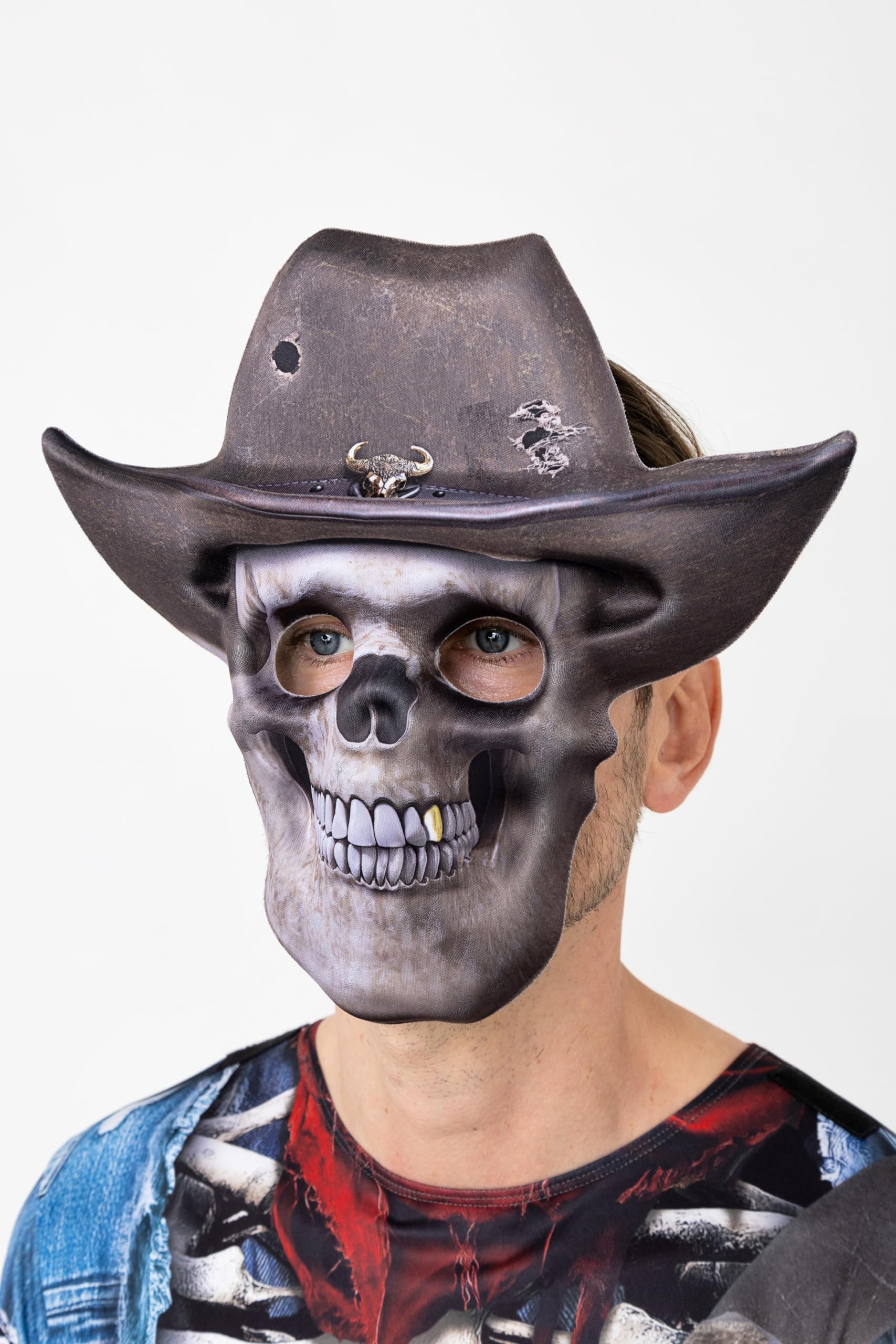 Adult Zombie Cowboy Halloween Costume, Men’s Ghoul Skeleton Cowboy Jumpsuit with EVA Digital Print Mask - Image 2