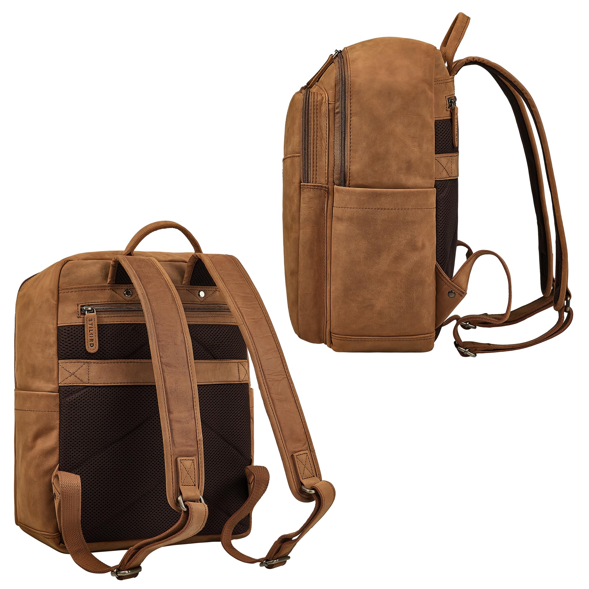 STILORD "Maurizio" Duży Męski Plecak Biznesowy ze Skóry Naturalnej na laptopa 15,6 cala Backpack do Pracy na Uczelnię z Uchwytem na Walizkę Elegancki Daypack Skórzany Kolor:tan-ciemny-brąz