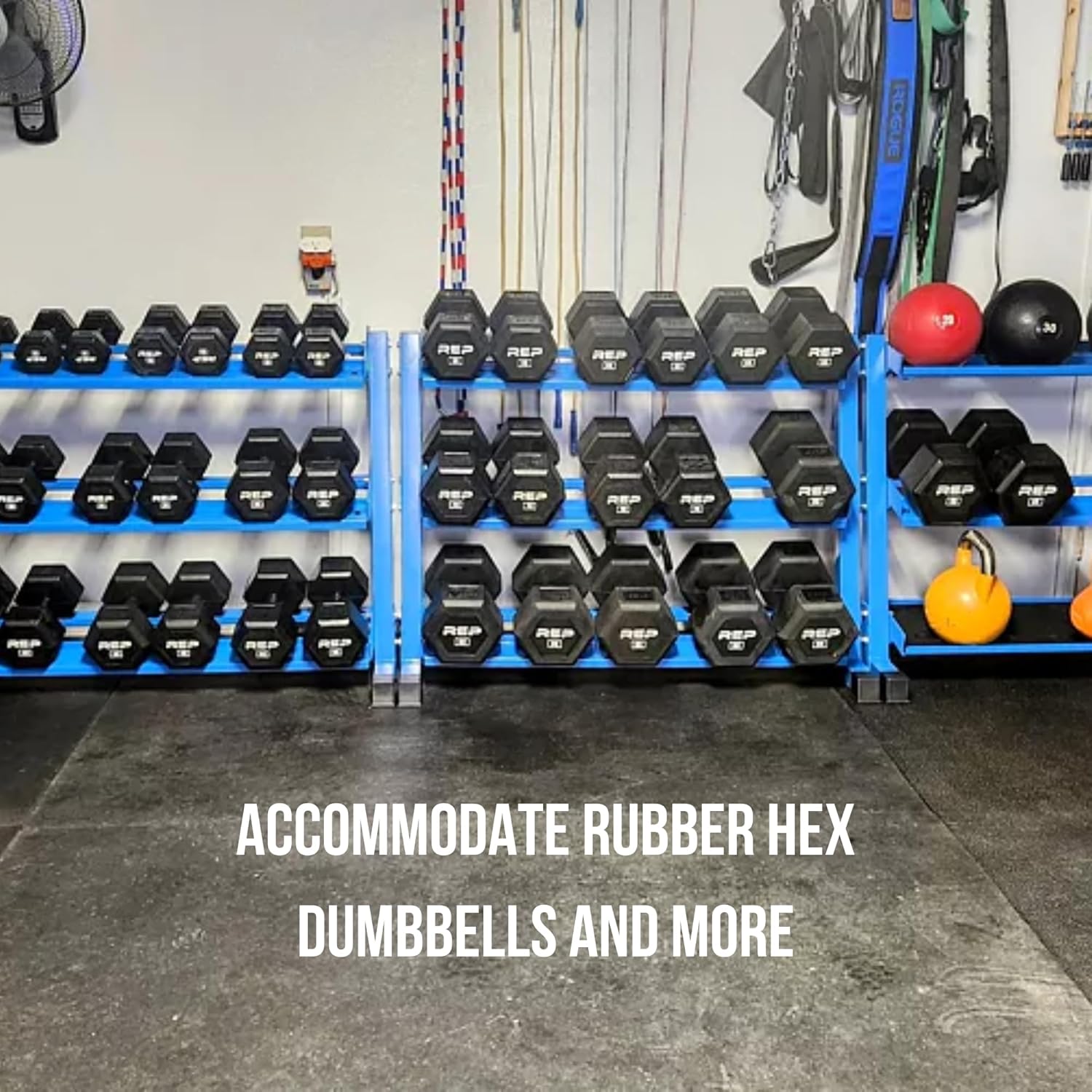 Rep Fitness Dumbbell Rack | 3-Tier Compact Holder | Fits Sets 5-50 lb | Weight Storage Stand | Rubber Hex Organizer | Free Weights Shelf | Heavy Duty Steel Frame | Gym Equipment for Home