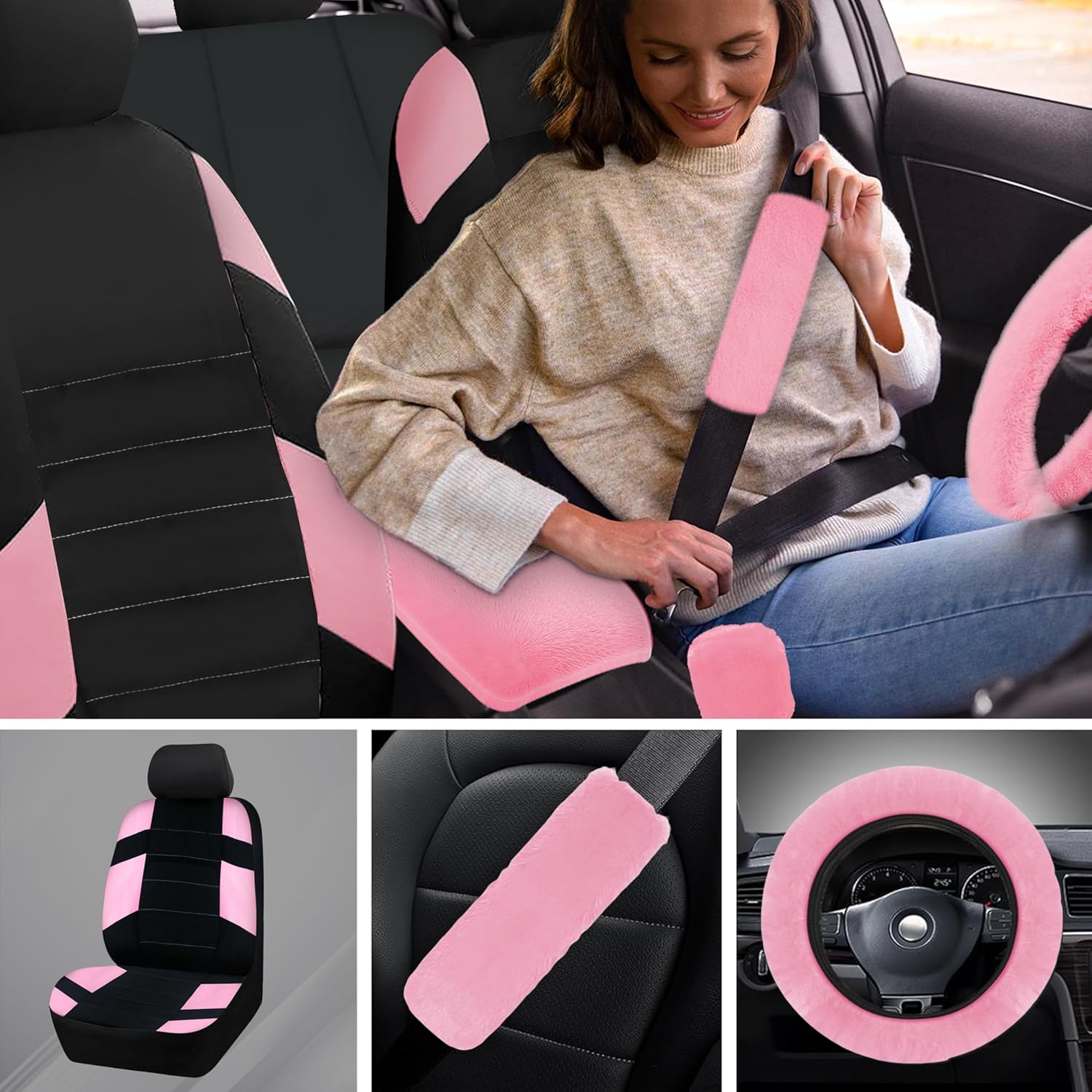 Car Seat Cover Full Set,Universal Breathable Car Seat Cove,Waterproof Floor Mats,Fit Sedans,Cars,Vans,SUV,Truck (Pink)