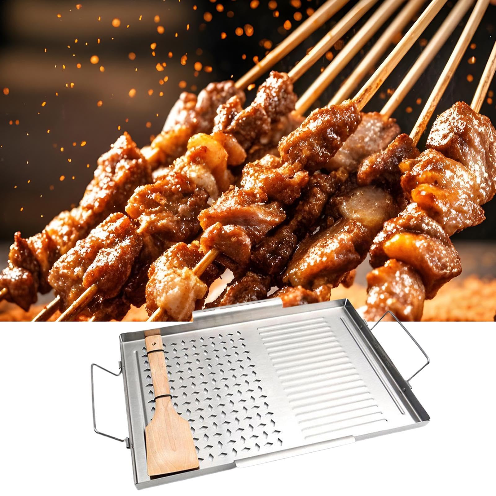 Plancha de acero inoxidable para parrilla de gass, 43 cm x 29 cm, universales, con superficie plana y espátula de madera, ideal para parrillas de carbón y gass