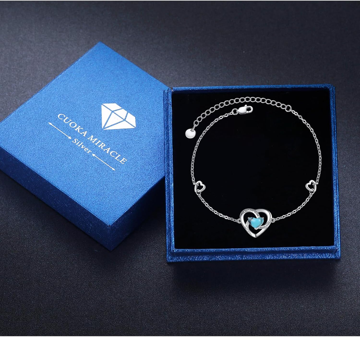 Cuoka I Love You to The Moon and Back Bracelet 925 Sterling Silver Heart Adjustable Bracelet Jewelry for Women with Gifts Box