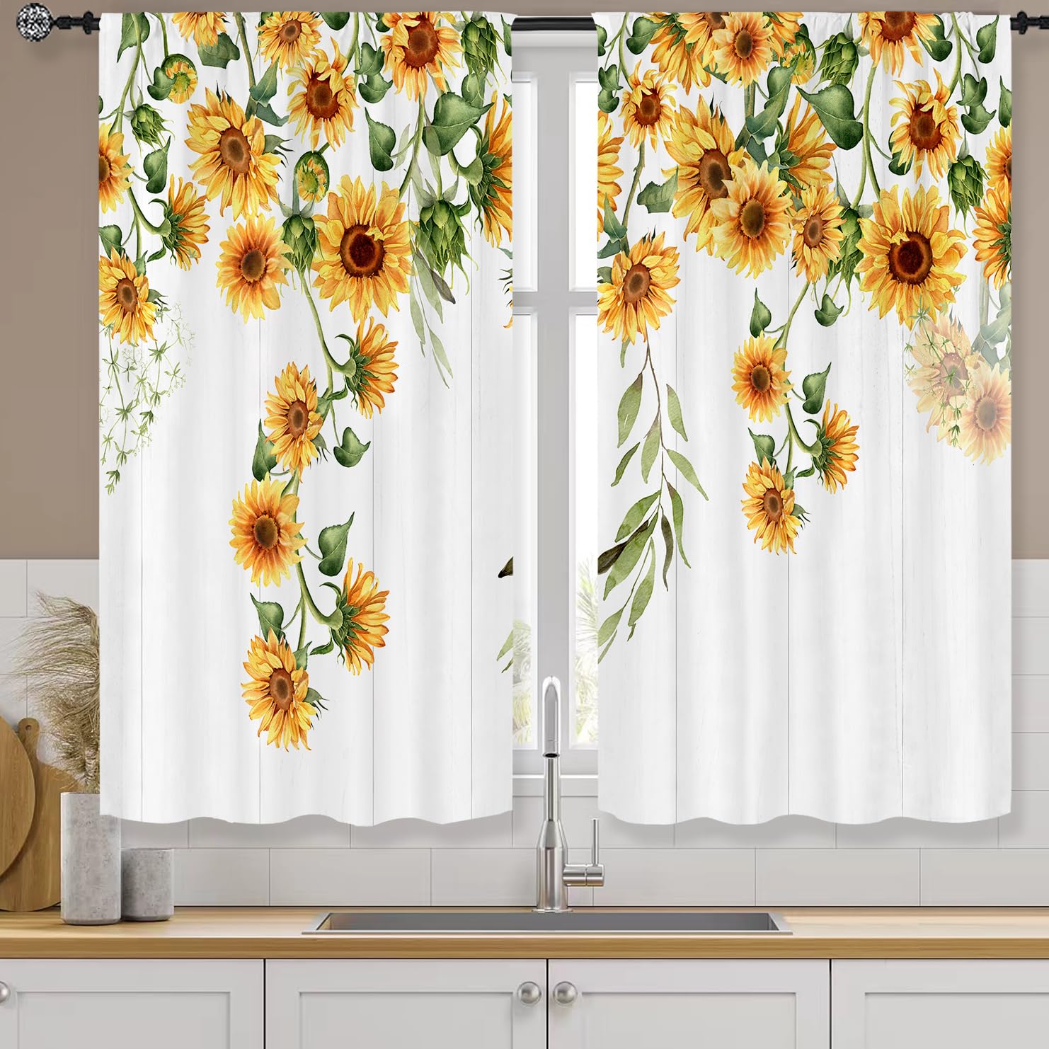 Amazon.com: Famiffty Sunflower Country Kitchen Curtains Rod Pocket ...