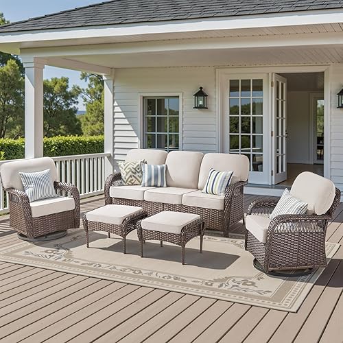 Miniatura 9 de Juego de muebles de patio de 5 piezas, sillas giratorias, sillas giratorias de mimbre para todo tipo de clima, sofá de ratán de 3 plazas con