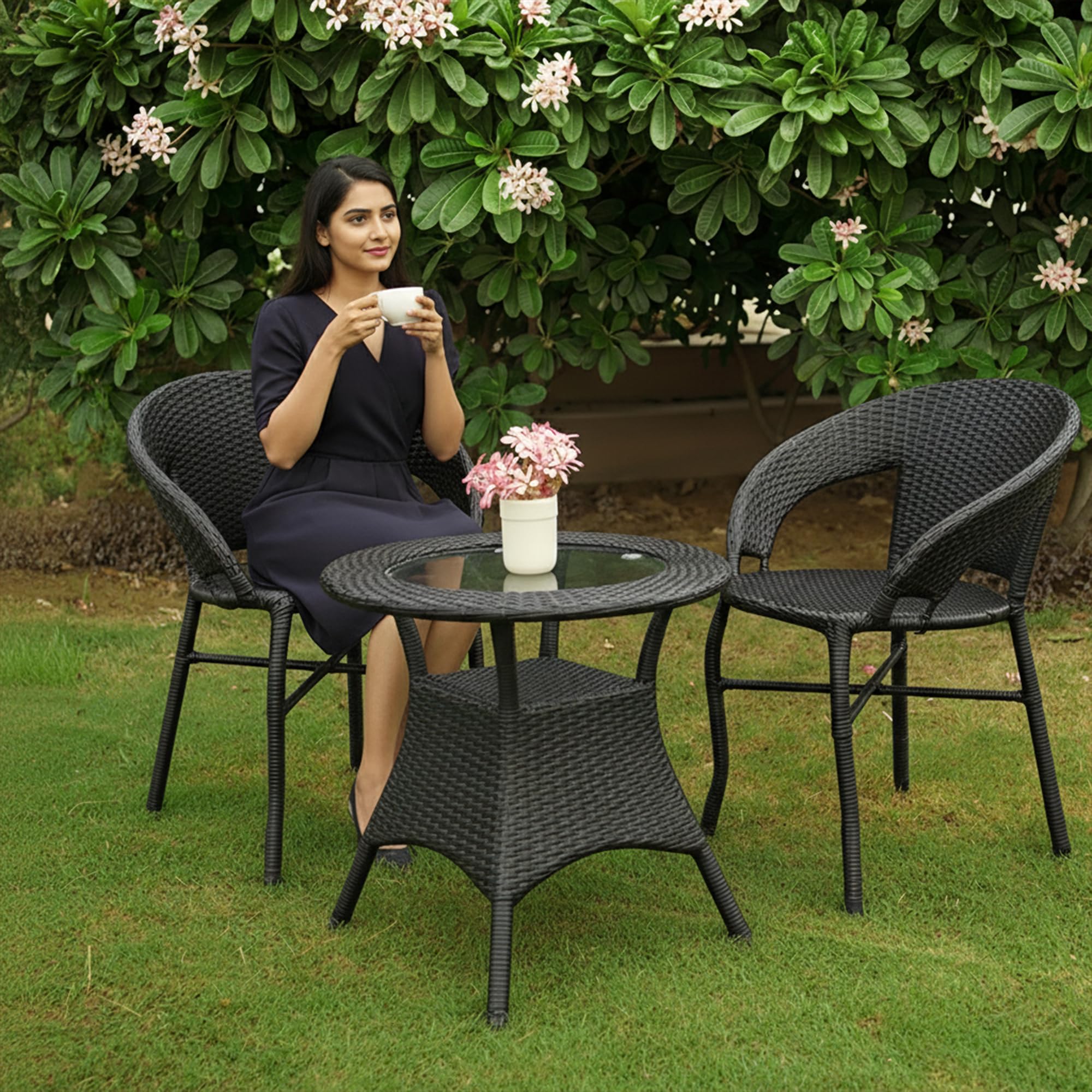 CORAZZIN Garden Patio Seating Chair and Table Set Outdoor Balcony Garden Coffee Table Set Furniture with 1 Table and 2 Chairs Set (Black), Rattan, 22 Inch, 24 Inch, Inch