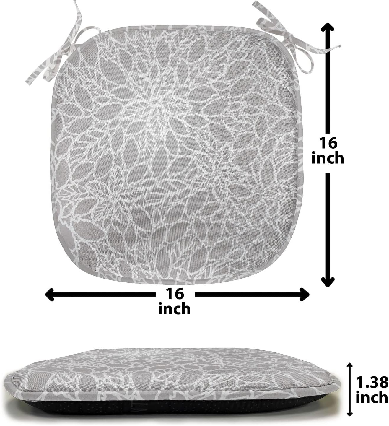 Lunarable Grey Chair Seating Cushion Set of 12, Leaves and Flowers Lace Style Pattern Classical Vintage Garden Art Ornament, Anti-Slip Seat Padding for Kitchen & Patio, 16"x16", Dimgray Pale Grey