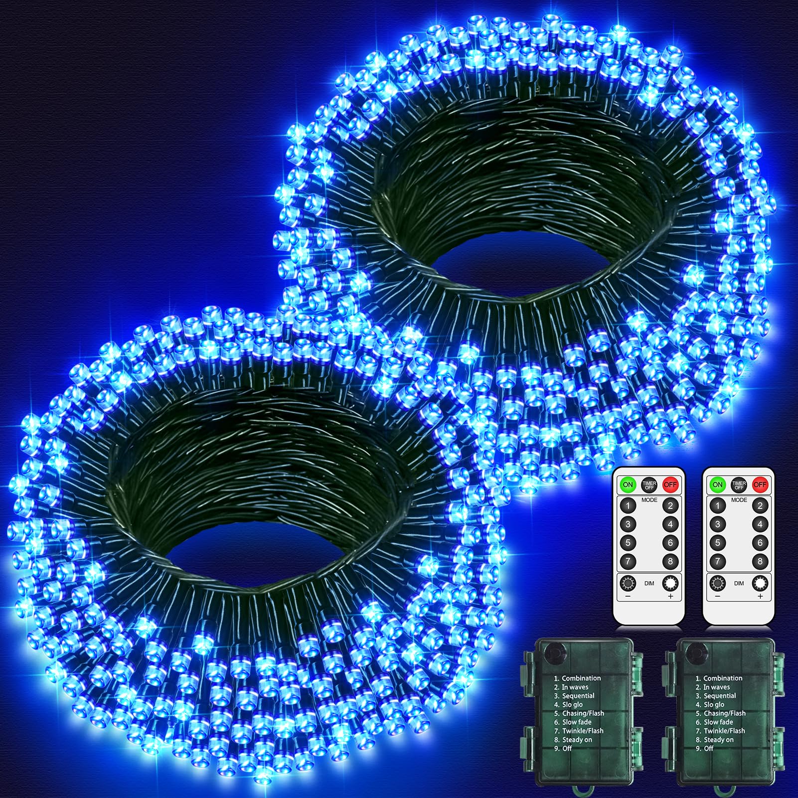 2 Pack Fairy Lights Battery Operated Christmas Tree Lights Outdoor Total 20M 200LED Waterproof String Lights with Remote Timer 8 Modes for Outside Garden Patio Party Indoor Bedroom Decor-Blue — image 1