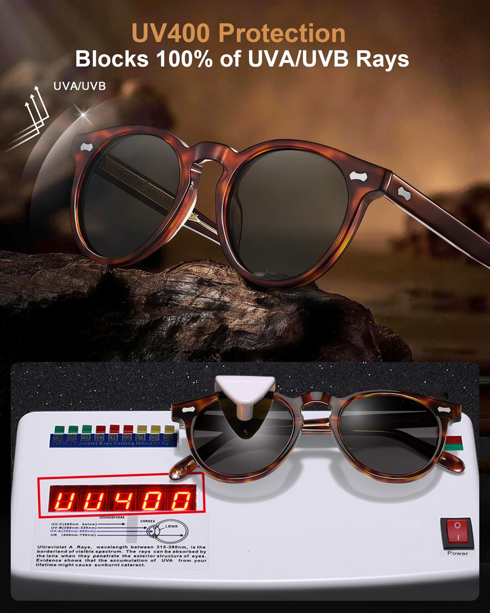 CARFIA Męskie okulary przeciwsłoneczne z polaryzacją, okrągły wzór z octanu w stylu vintage, ochrona UV400 kat. 3, okulary przeciwsłoneczne do jazdy i podróży CA5506