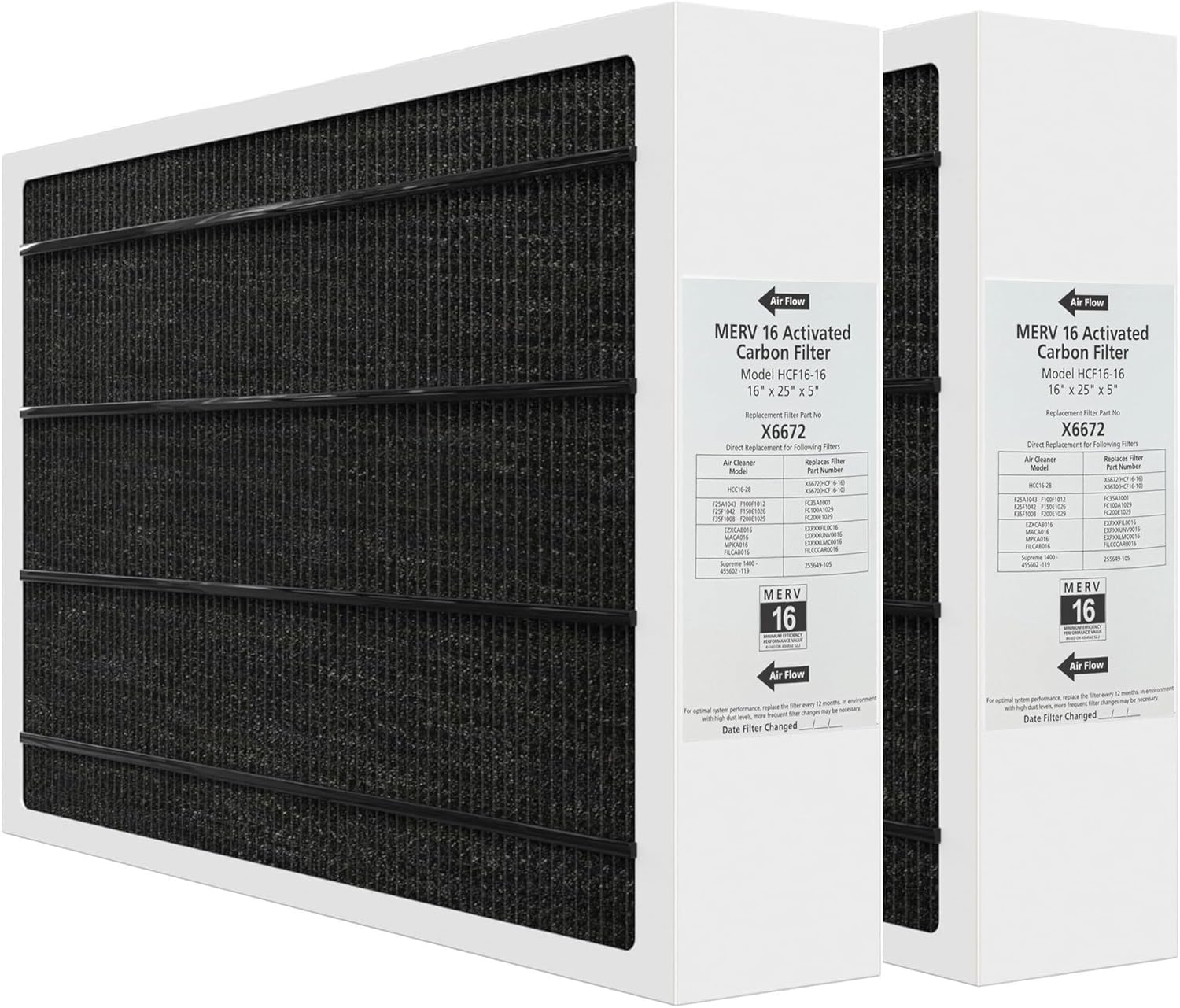 X6672 Healthy Climate MERV16 Furnace Filter 16x25x5 (2 Pack), Compatible with Lennox HCC16-28/Honeywell F25A1043/Carrier EZXCAB016/Trion Air Bear Supreme 1400, Replaces X6670,FC35A1001,EXPXXFIL0016