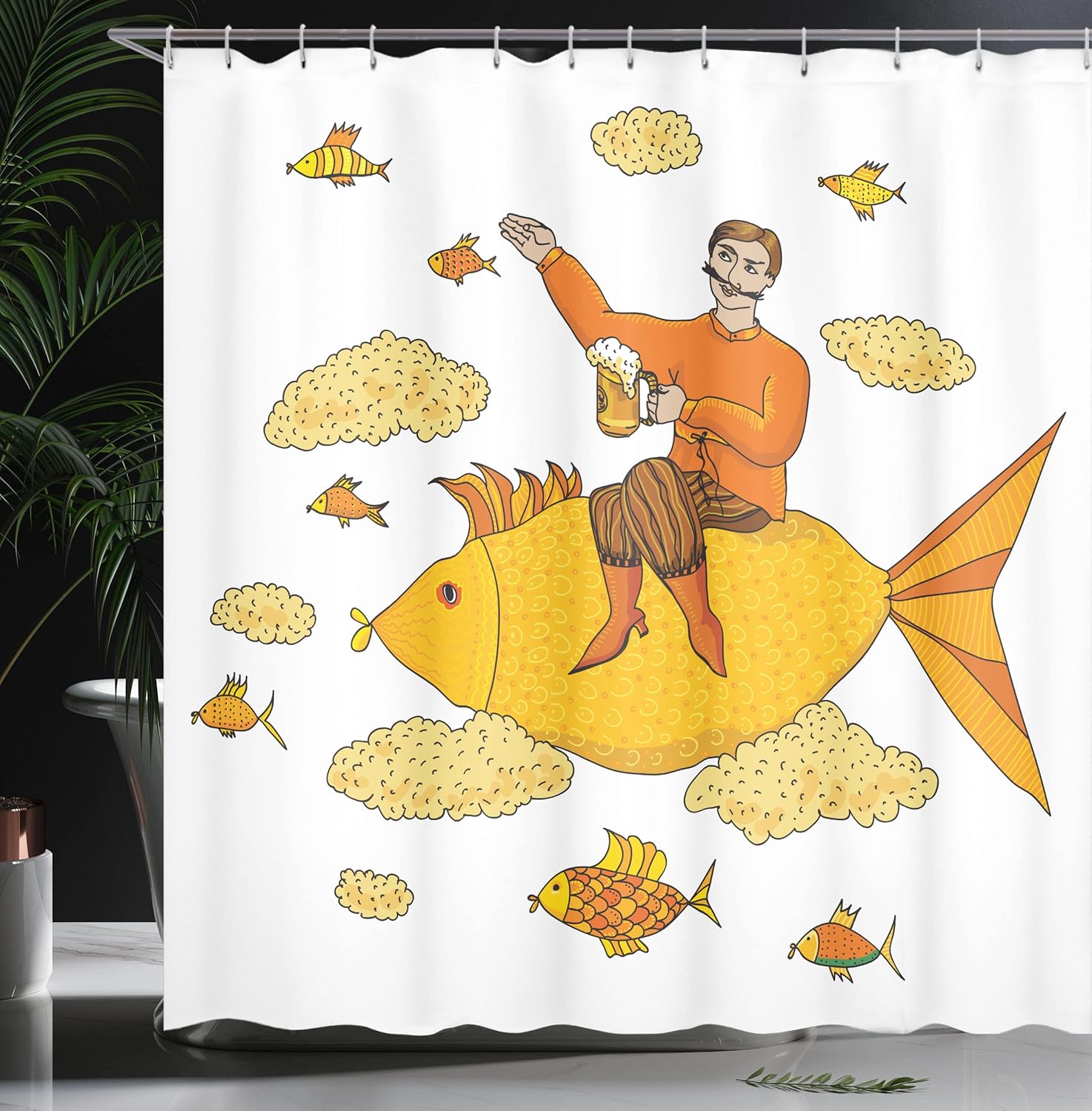 Ambesonne Manly Shower Curtain, Man Holding Glass of Beer Floating on Fish Cartoon Character Imaginary Art, Cloth Fabric Bathroom Decor Set with Hooks, 69" W x 70" L, Yellow Orange