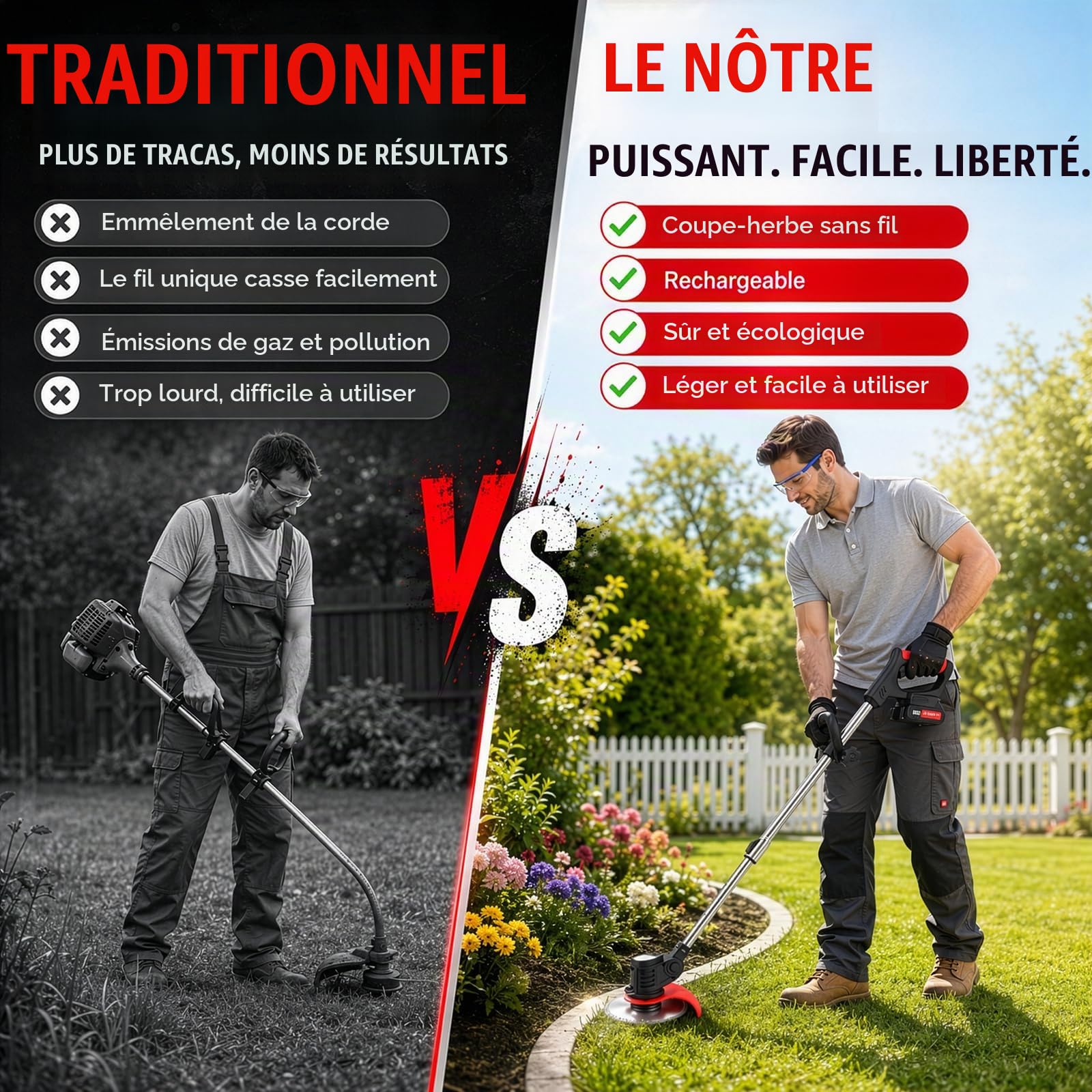 Coupe Bordure sans Fil avec Batterie, Debroussailleuse Electrique sans Fil avec 3 Types Lames, 2 Batteries 21V, Tête Pivotante 90°, Poignée Réglable, Rotofil Batterie pour Jardin et la pelouse