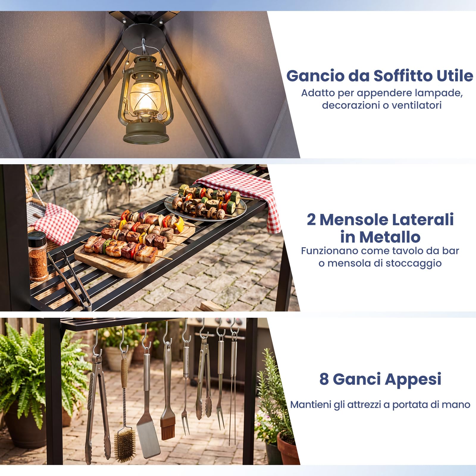 COSTWAY Gazebo per Barbecue 247 x 150 cm, Pergola per BBQ con Telo Laterale Retraibile, 2 Ripiani, 8 Ganci, Struttura in Metallo e Tetto a Doppio Strato per Feste, Barbecue e Picnic