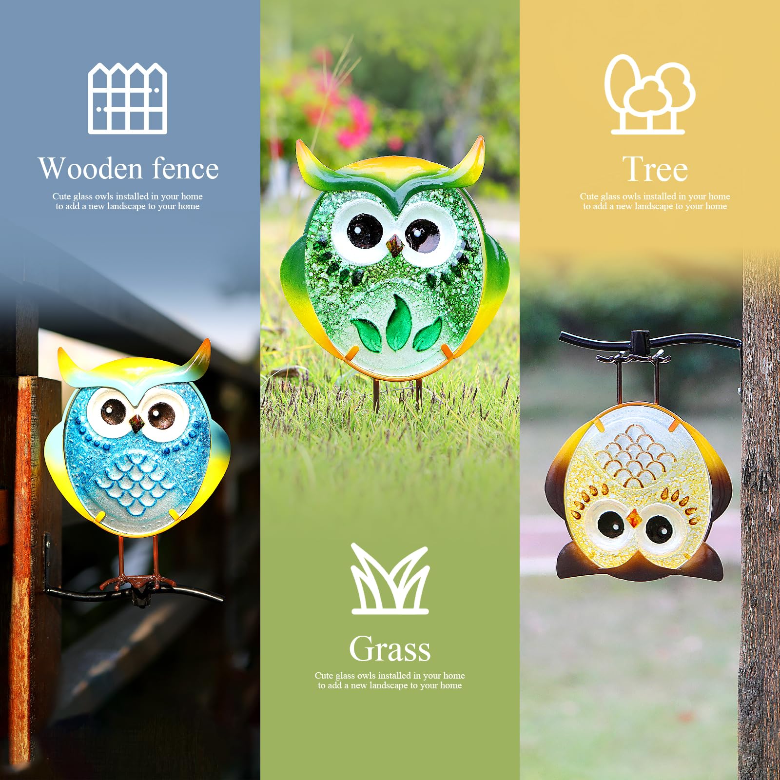 Owl Garden Decor Set of 3 Metal Glass Stand Tree Hugger Fence Outdoor Stake view 3