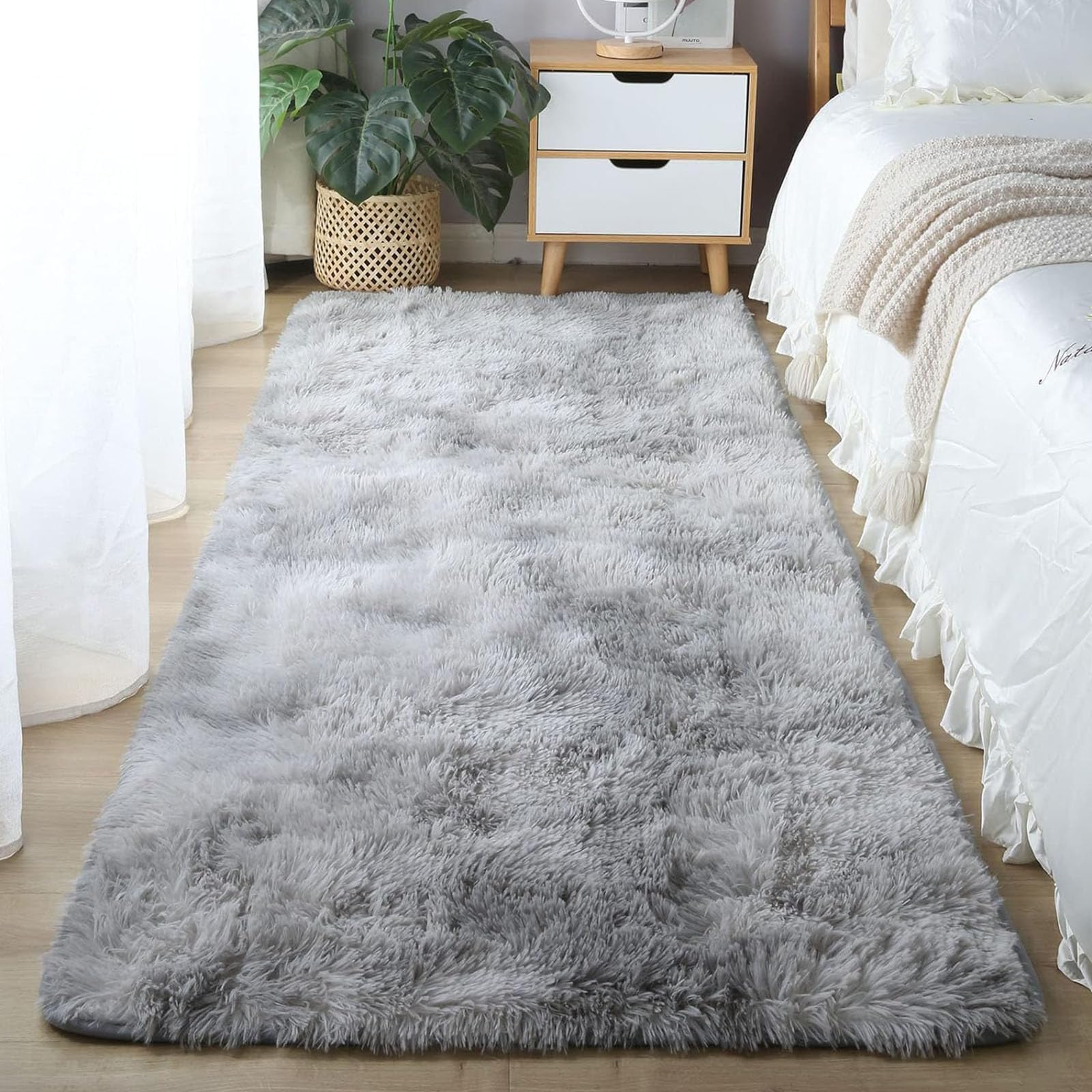 Flauschiger Hochflor Teppich 130 x 300 cm Hochflor Langflor Weich Modern Unifarben Flauschig Teppich Wohnzimmer für Wohnzimmer Schlafzimmer Flur, Hellgrau