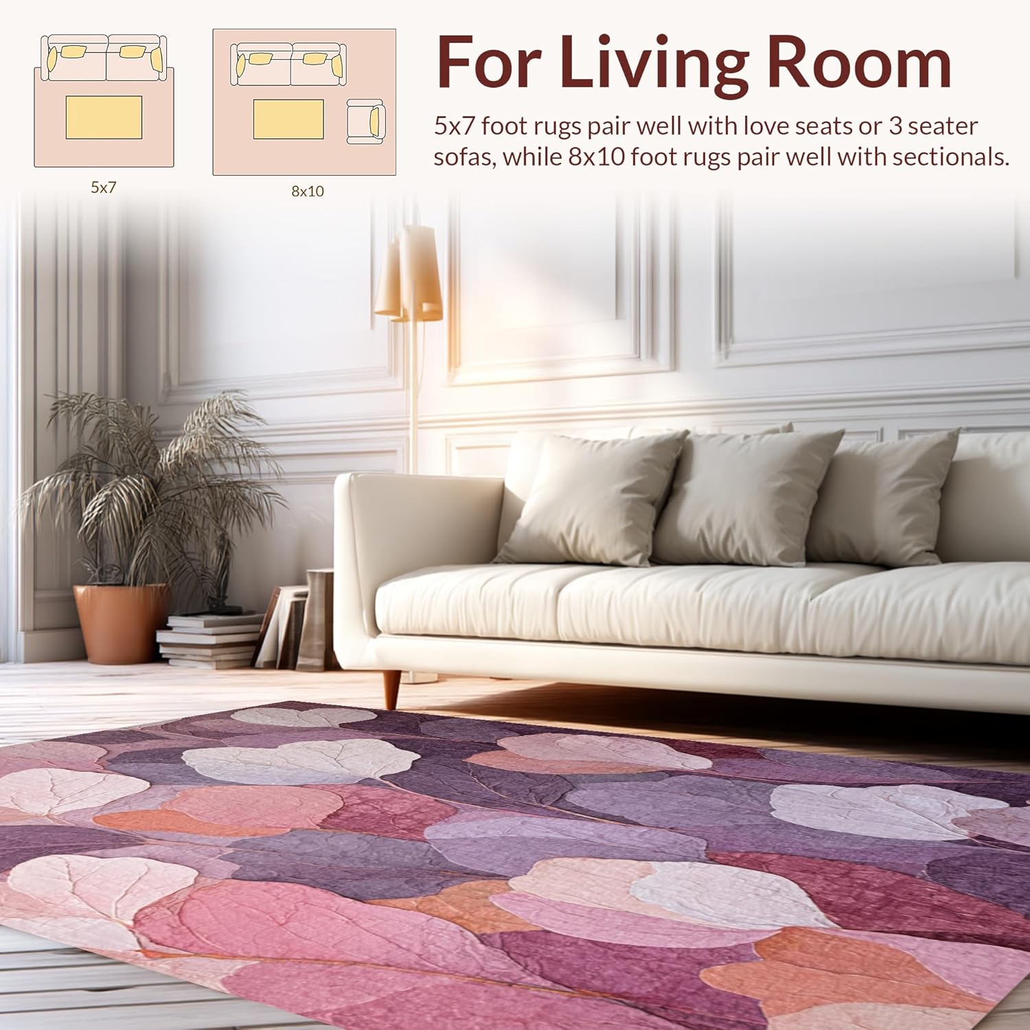 Flatwoven High Traffic Area Rug 6x9, Petal Cascade Artisan Dusty Mauve Contemporary, Non Slip, Stain Resistant, Washable Area Rugs for Living Room, Bedroom (Purple, 6x9)