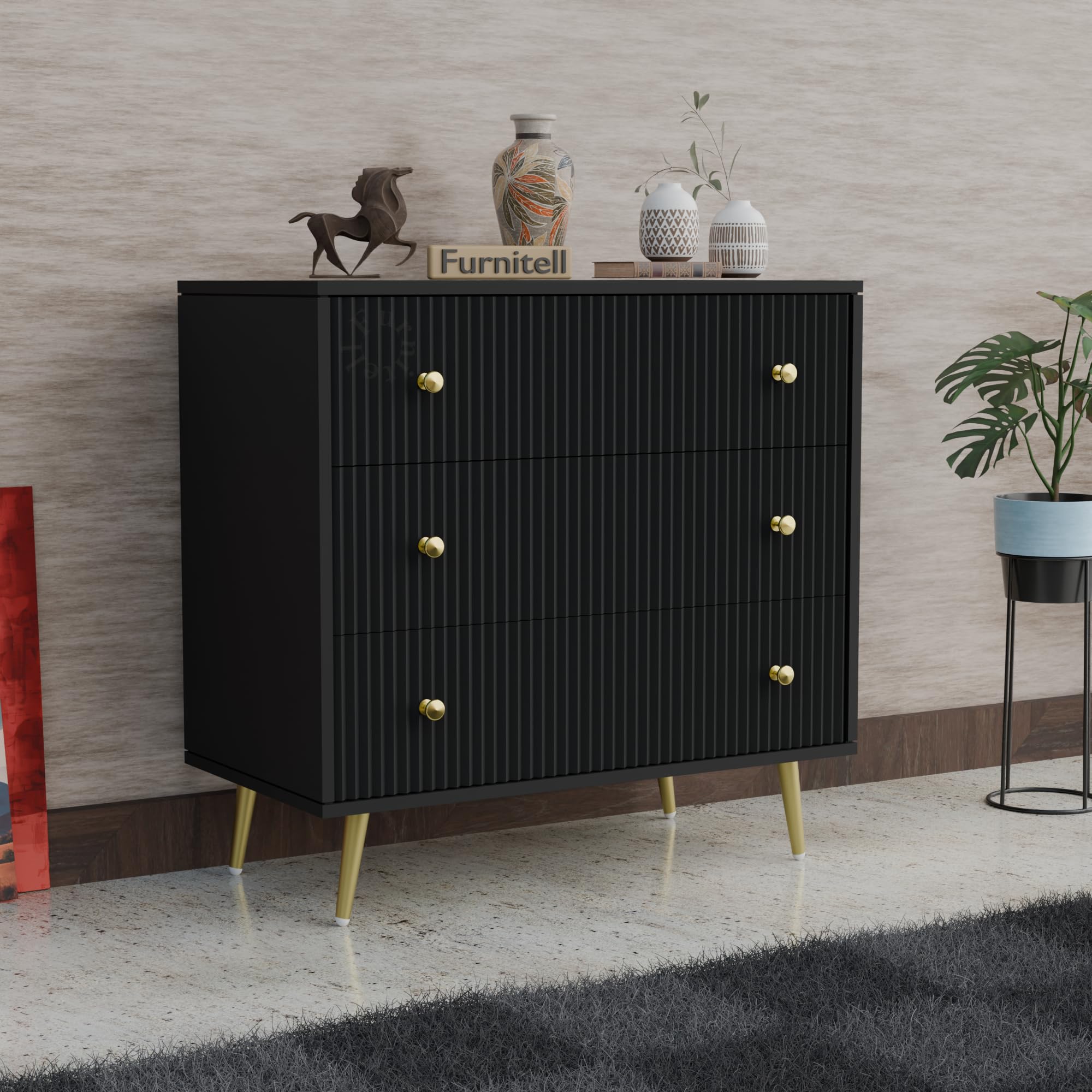 Modern 3 Drawer Chest of Drawers Cabinet for Bedroom & Living Room | Wooden Storage Organizer Sideboard with Fluted Design, Gold Knobs & Metal Legs (Black)-image-43