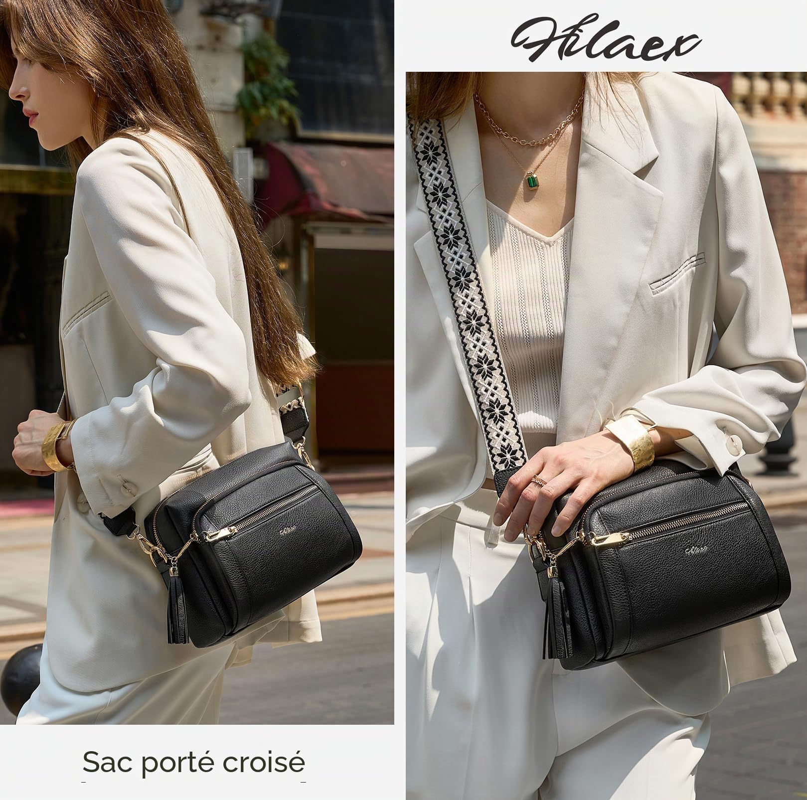 Sacs Bandoulière Femme avec Antivol, Sac a Main Femmes Bandoulieres 4 Compartiments, en Cuir PU avec Sangle Réglable et Large Amovible