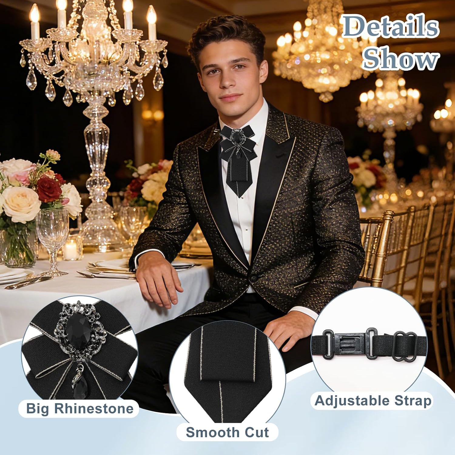 Pre-tied Rhinestone Bow Ties for Men Women for Wedding Banquet Prom | Polyester Bow Tie, Vintage Crystal Ornament, Adjustable Buckle Strap, Layered Shape, Elegant Style, for Party Cosplay Work
