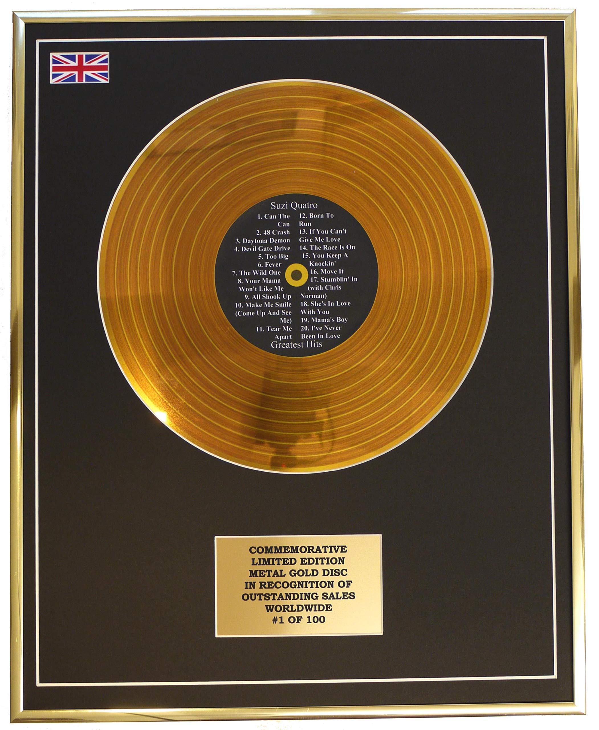 Limited Edition Metal Gold Disc Gold Suzi Quatro - Greatest Hits Metal Record Display Commemorative Ltd Edition