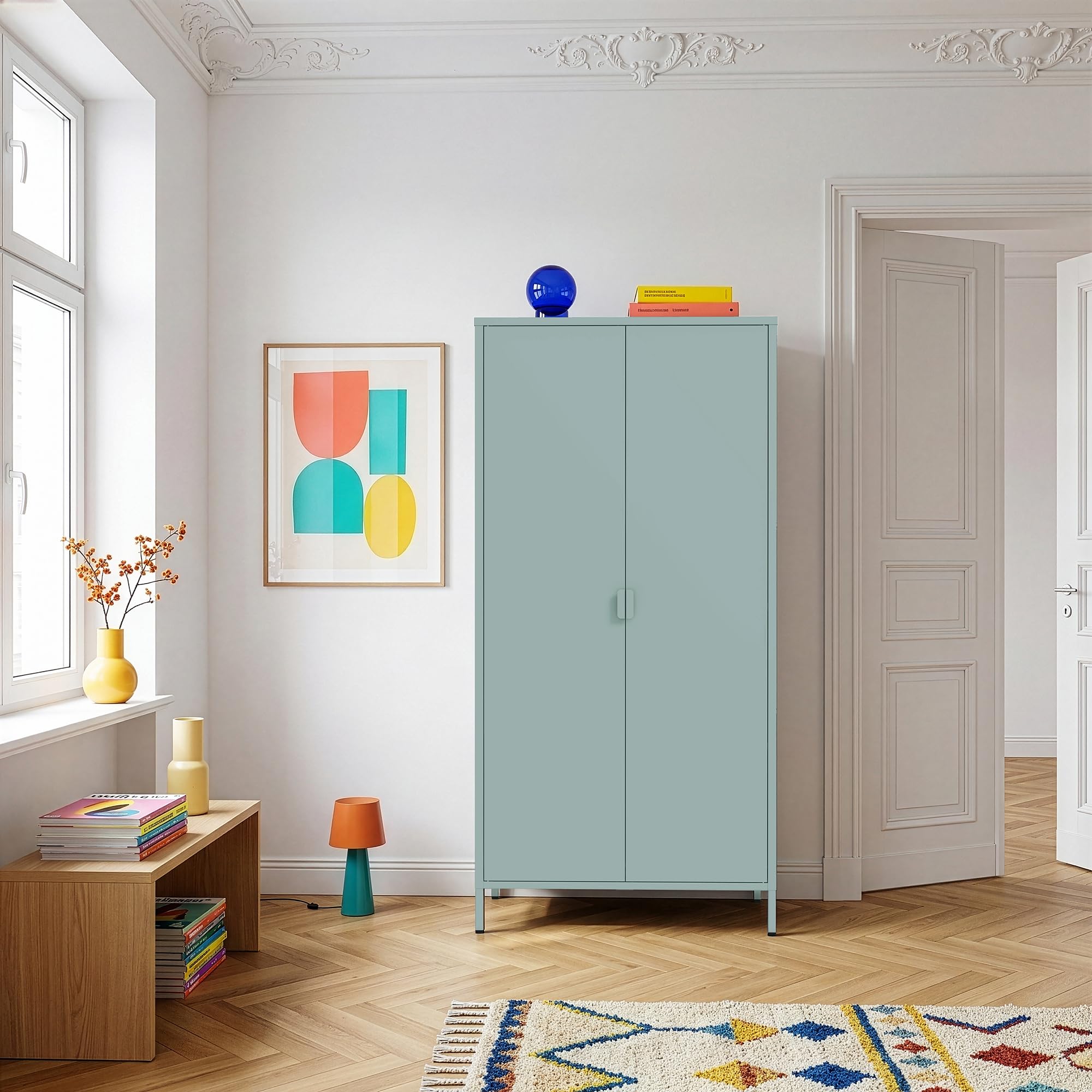 [en.casa] Szafa na ubrania Esteli szafa garderobiana z 2 drzwiami, 170 x 80 x 45 cm, szafa do sypialni, 2 drążki na ubrania, 4 półki z regulacją wysokości, kolor miętowo-zielony