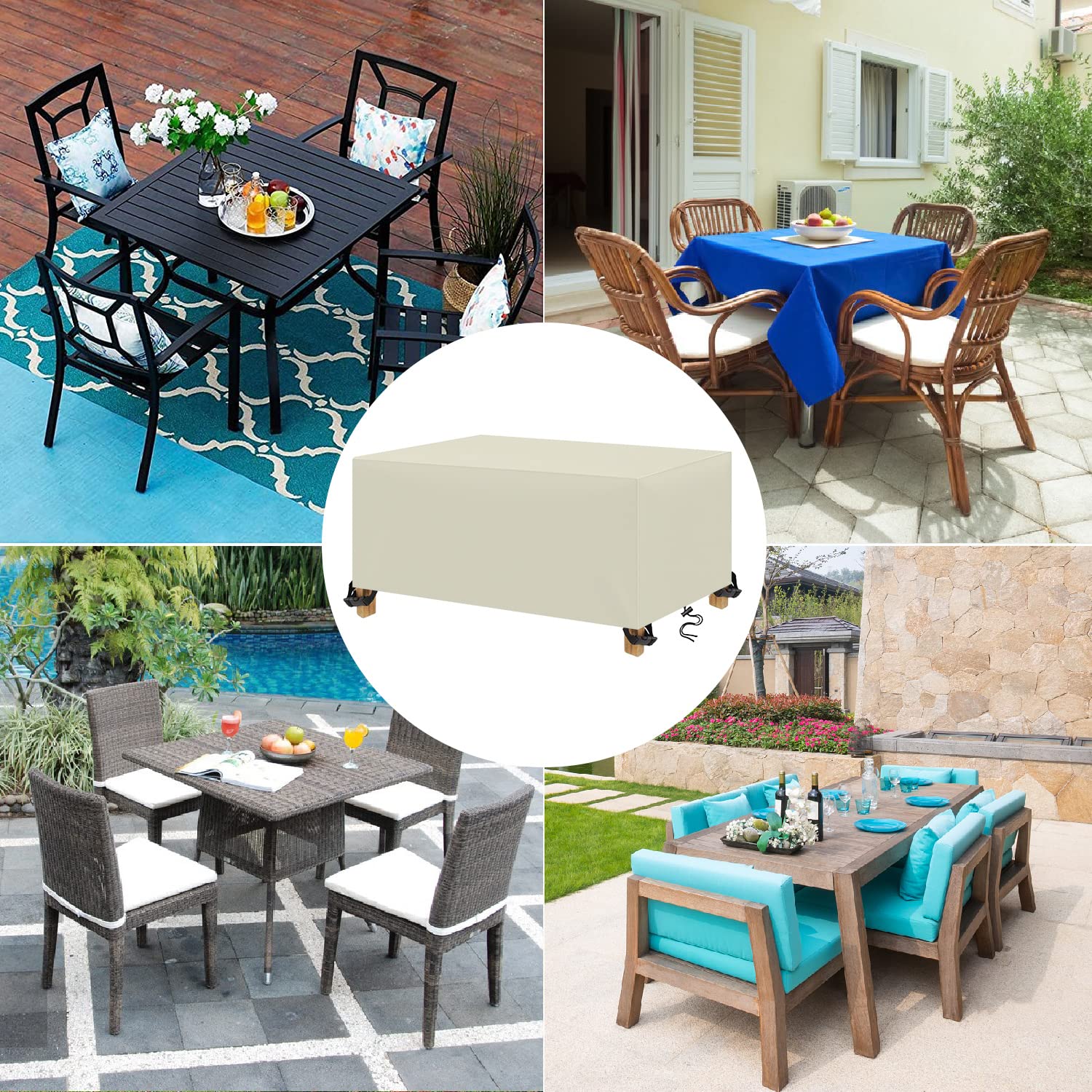 Copertura per Mobili da Giardino,Oxford 420D per Coperture per Arredo Esterno,Copri Tavolo per Esterno Telo Antivento,Anti-vento, Anti-UV,per tavolo da patio rettangolare (160x80x80cm,Bianco crema)