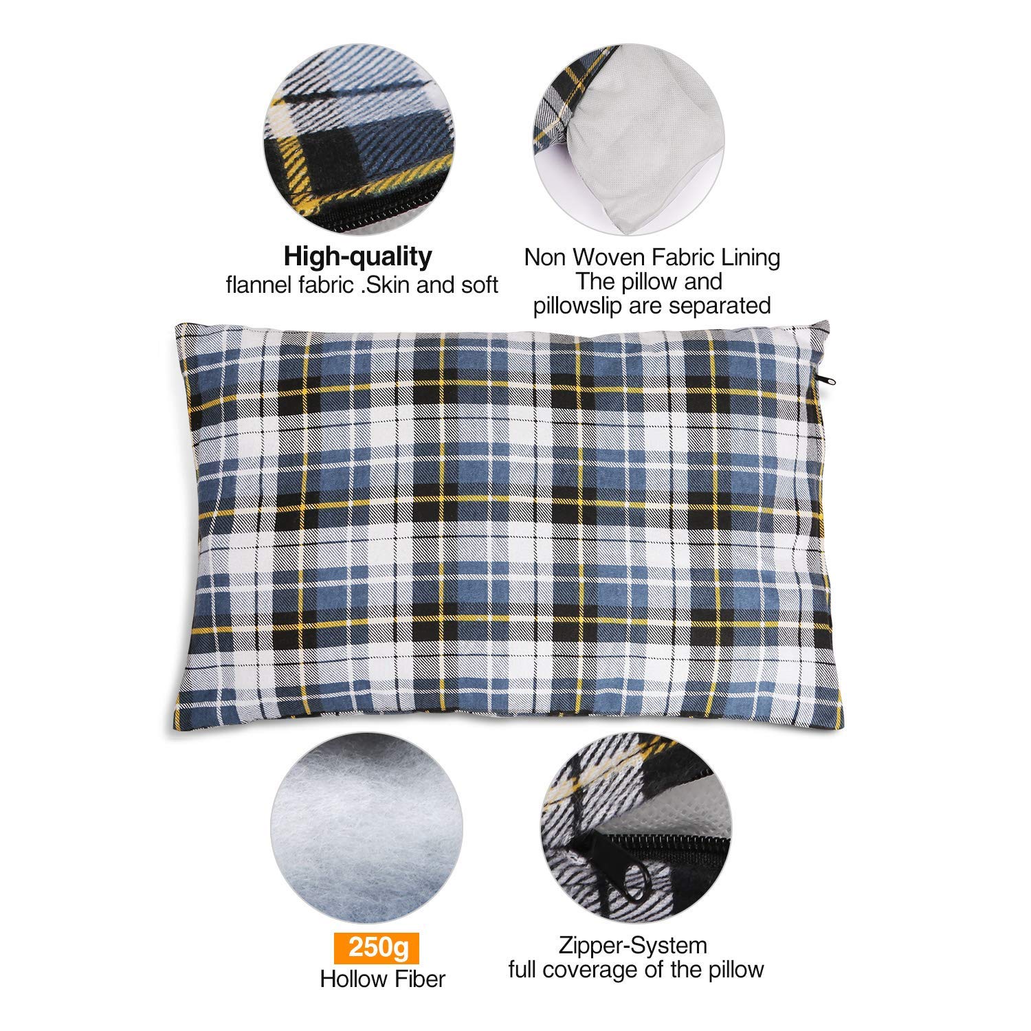REDCAMP Lot de 2 petits oreillers de camping en flanelle avec housse amovible 50 x 30 cm, léger, compact, portable et micro lavable, pour randonnée, bleu et noir