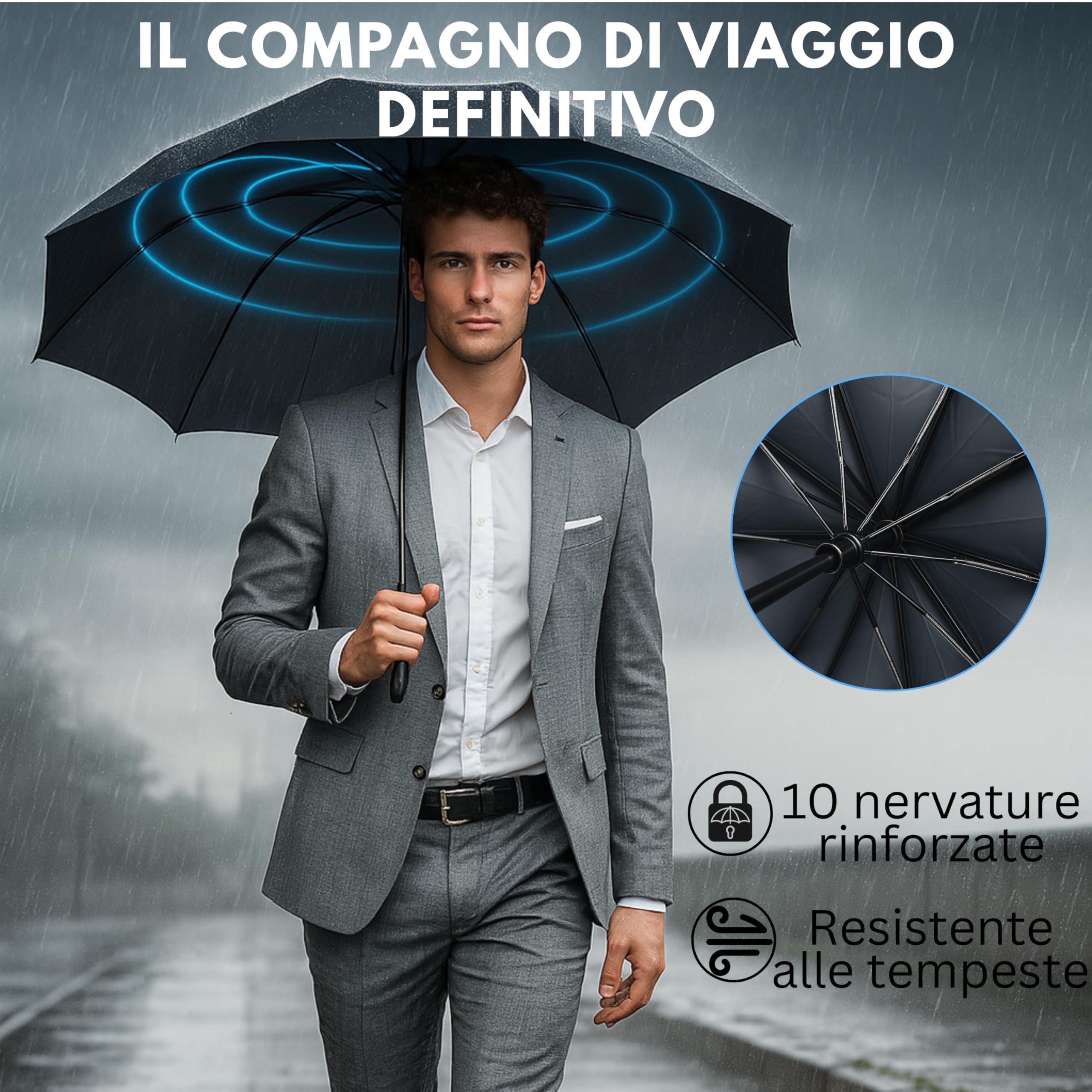 Ombrello pieghevole I Ombrello pioggia 3 misure Ø95cm, Ø100cm, Ø105cm | Ombrello antivento, piccolo e leggero I Ombrello da viaggio per uomo e donna I Umbrella automatico apri e chiudi I Drytogo