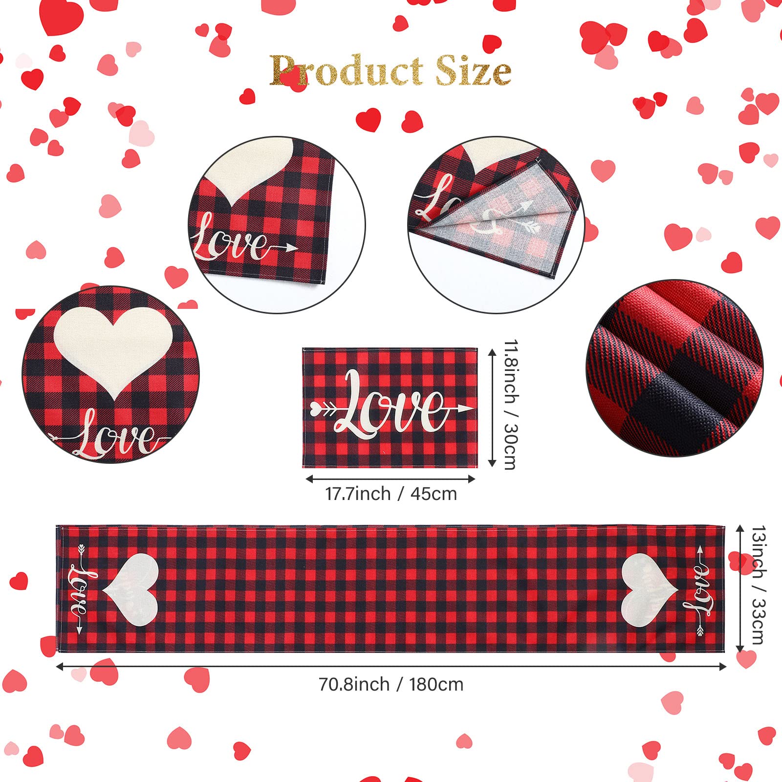Irenare 7 Pieces Valentine‘s Day Love Hearts Table Runner Placemats, Seasonal Kitchen Dining Table Decoration for Valentines Holiday Indoor Home Party(Love Style)
