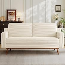 Vipbear 65.4" Loveseat Sofa,Mid-Century Modern Small Couches for Living Room, Bedroom, Office,Comfy Beige Corduroy Couch with Spring Cushion, Solid Wood Frame, Tool-Free Assembly