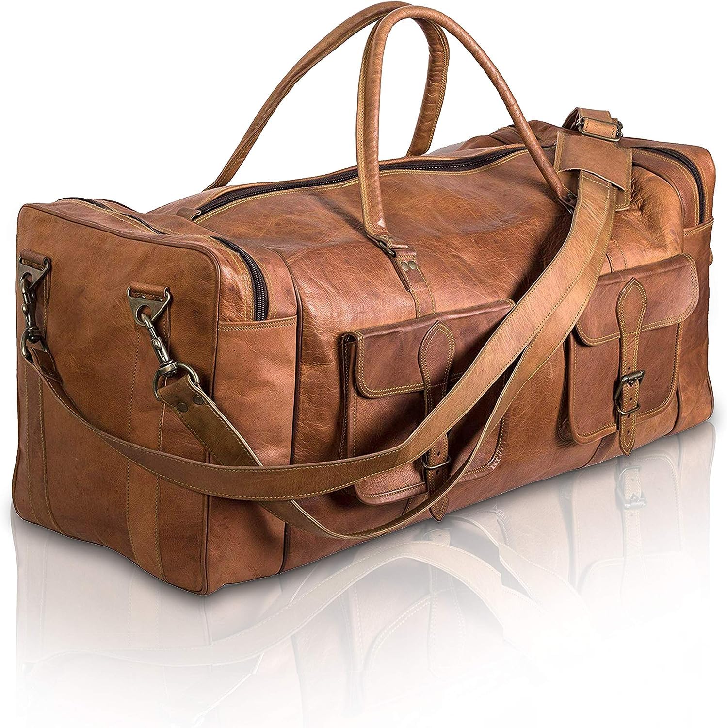 Handgefertigte große Leder-Reisetasche für Herren - Übernachtung, Wochenende, Fitnessstudio, Wandern, Vintage, Größe XL, braun, 76 cm